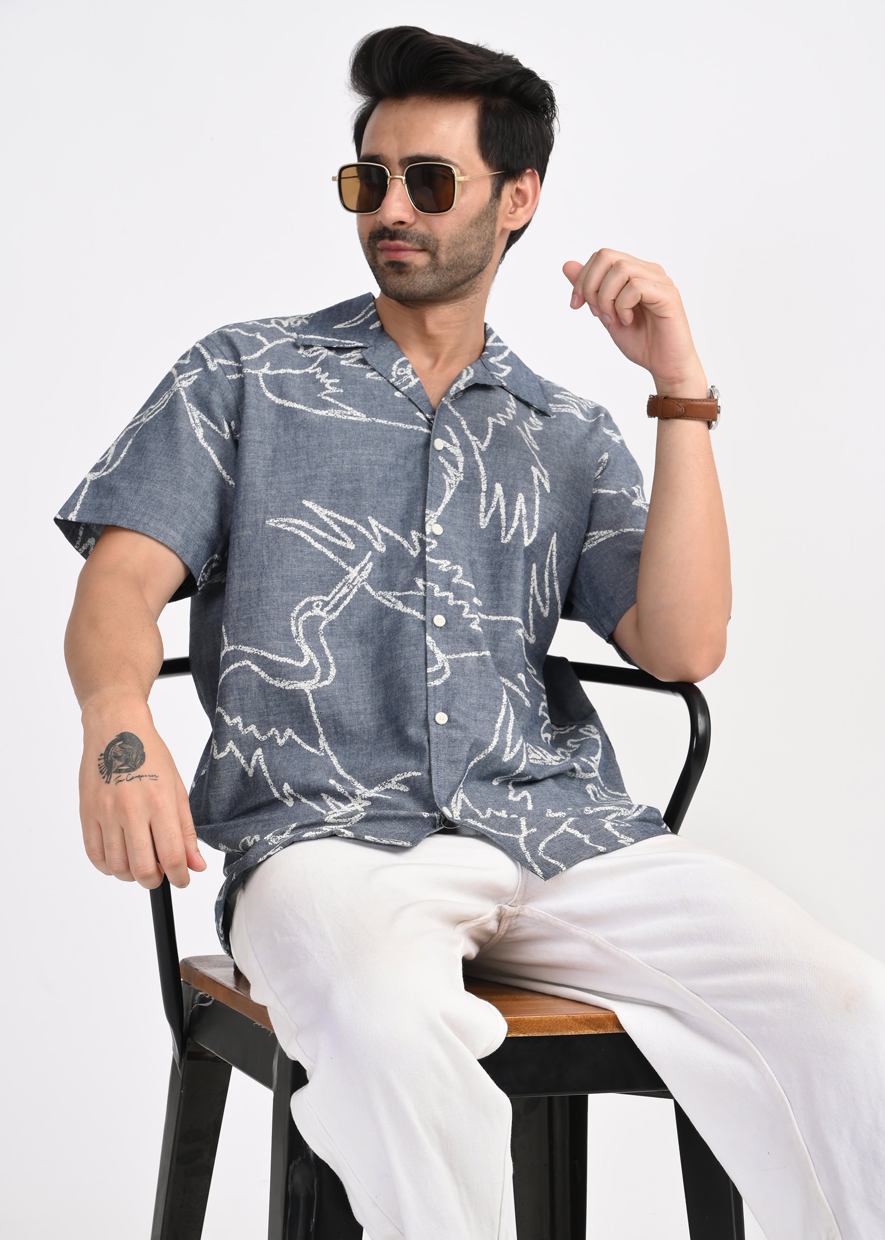 Men's Denim Printed Short Sleeve Shirt