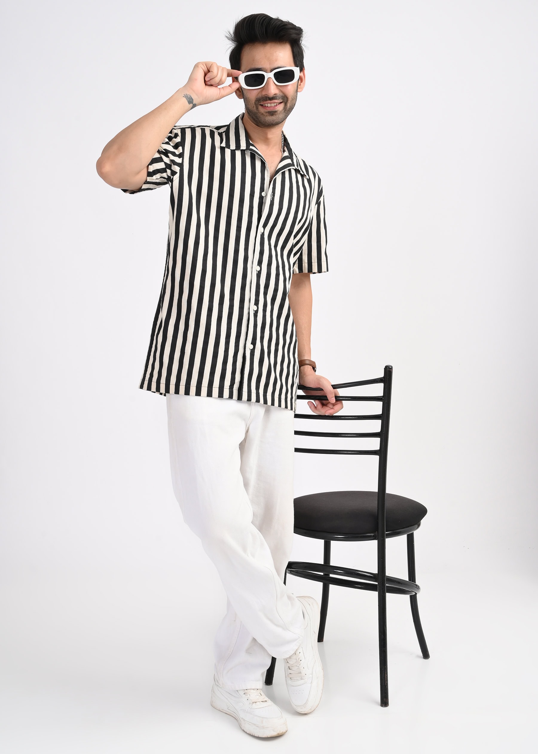 Black and White Striped Short Sleeve Shirt