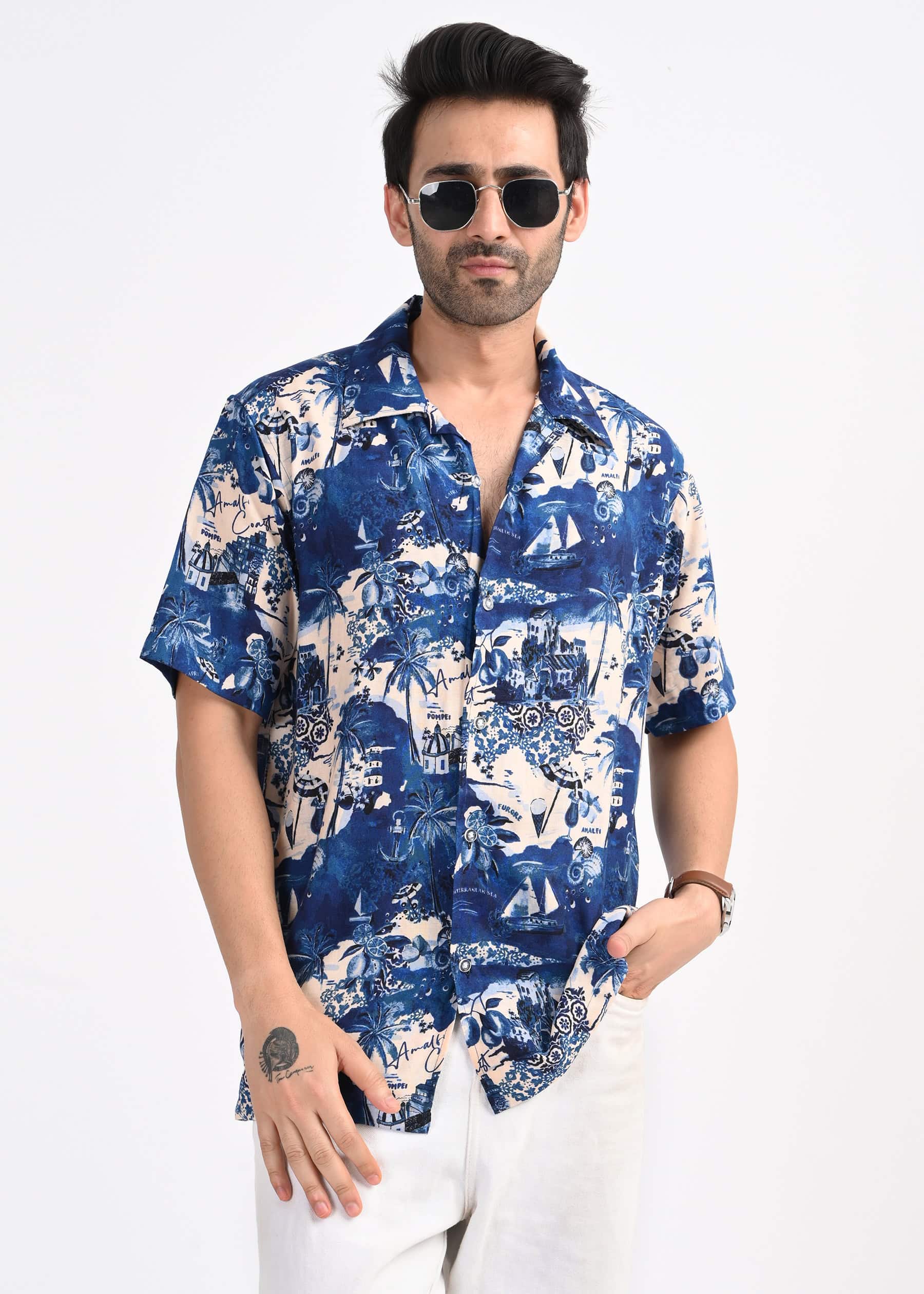 Blue Tropical Print Short Sleeve Shirt