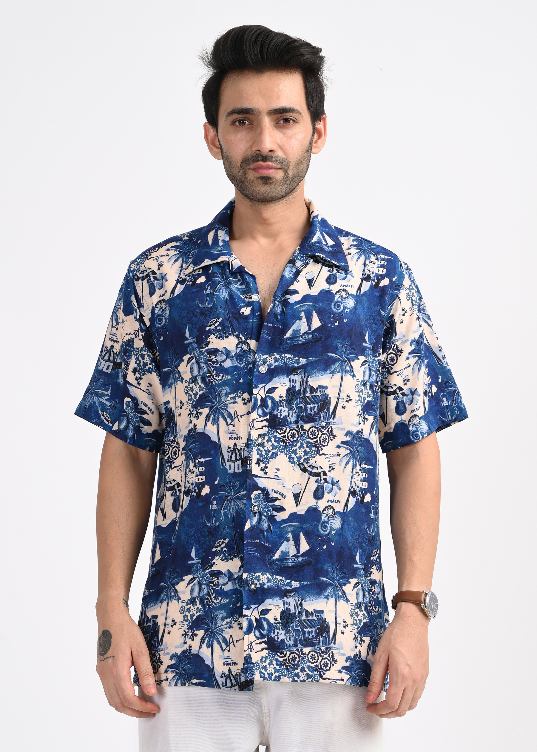 Blue Tropical Print Short Sleeve Shirt