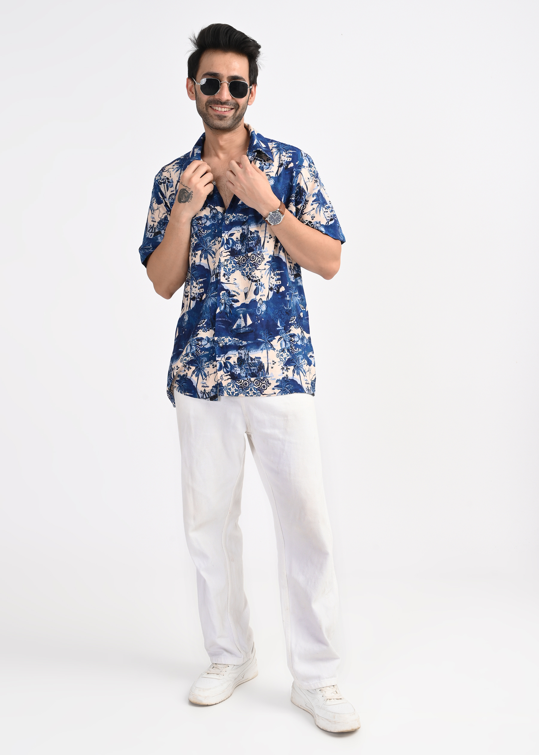 Blue Tropical Print Short Sleeve Shirt