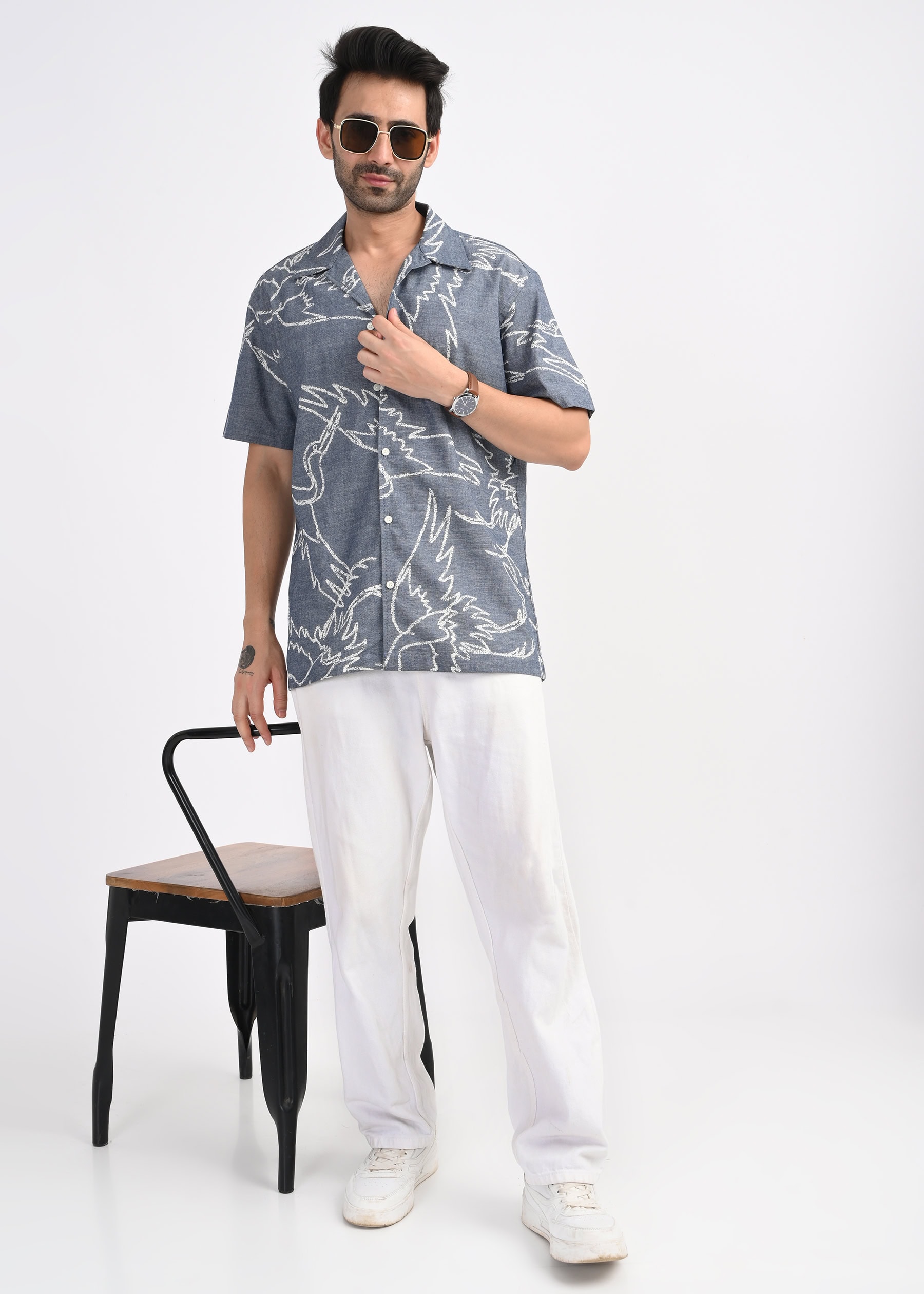 Men's Denim Printed Short Sleeve Shirt