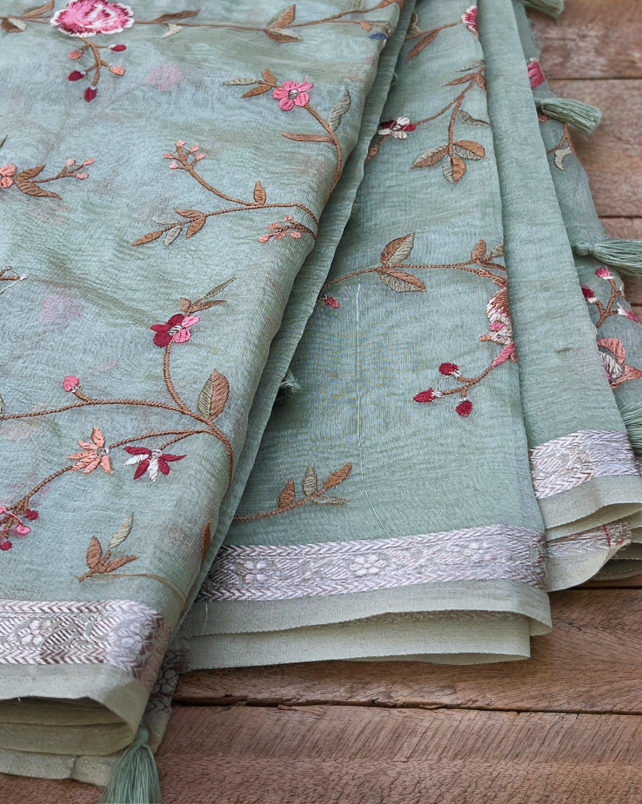 Mint Green Embroidered Crush Tissue Saree