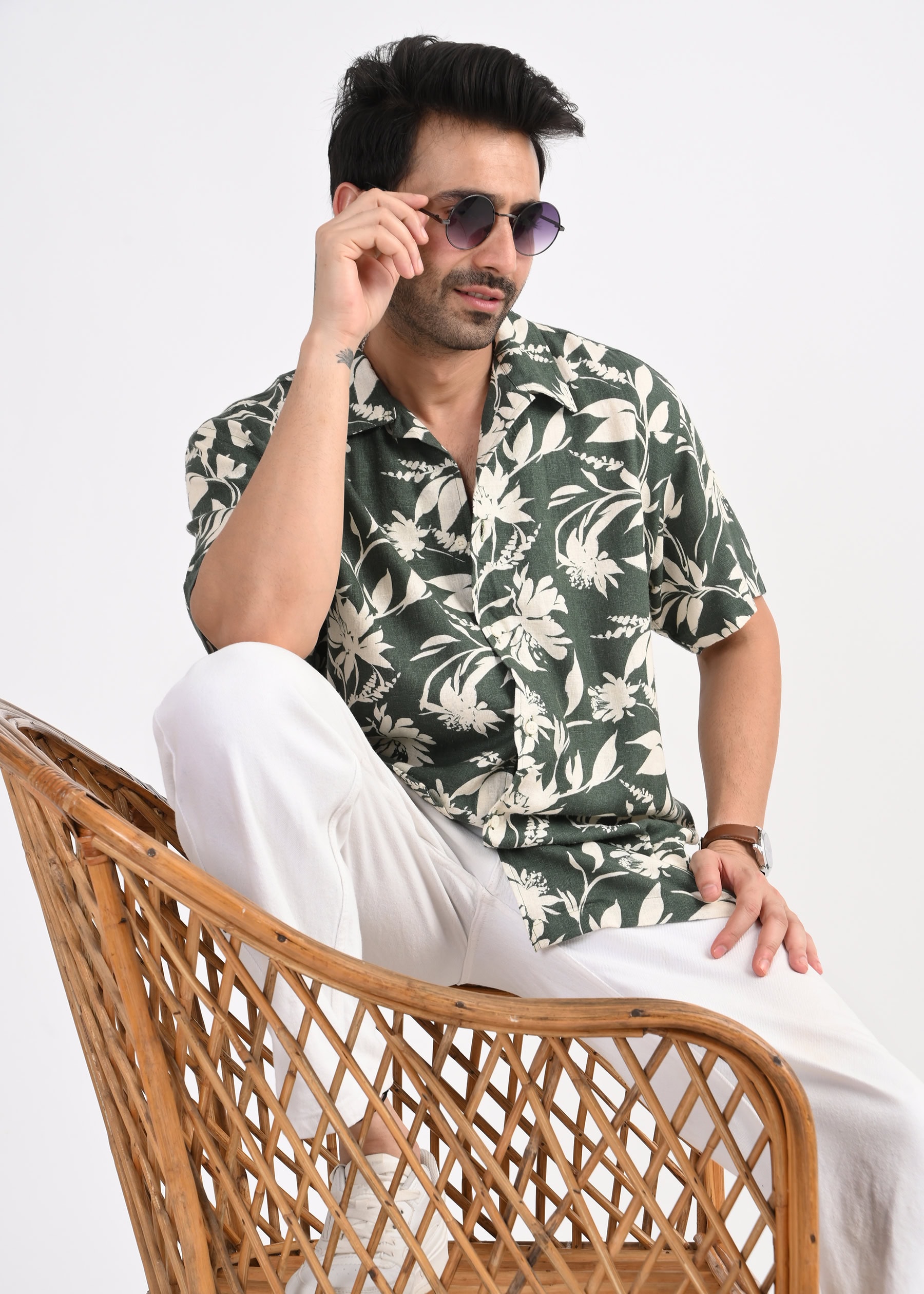 Olive Floral Print Short Sleeve Shirt