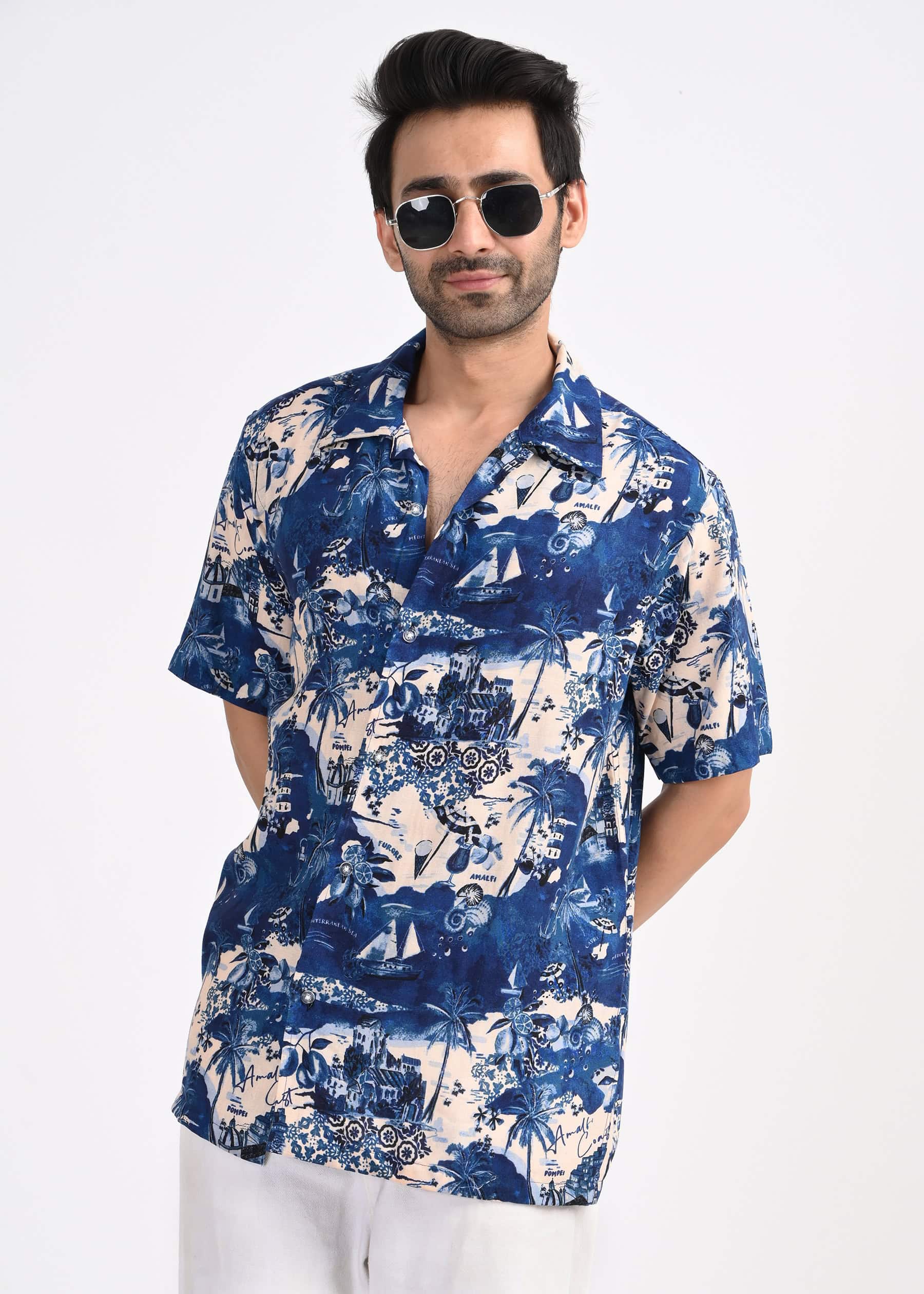 Blue Tropical Print Short Sleeve Shirt