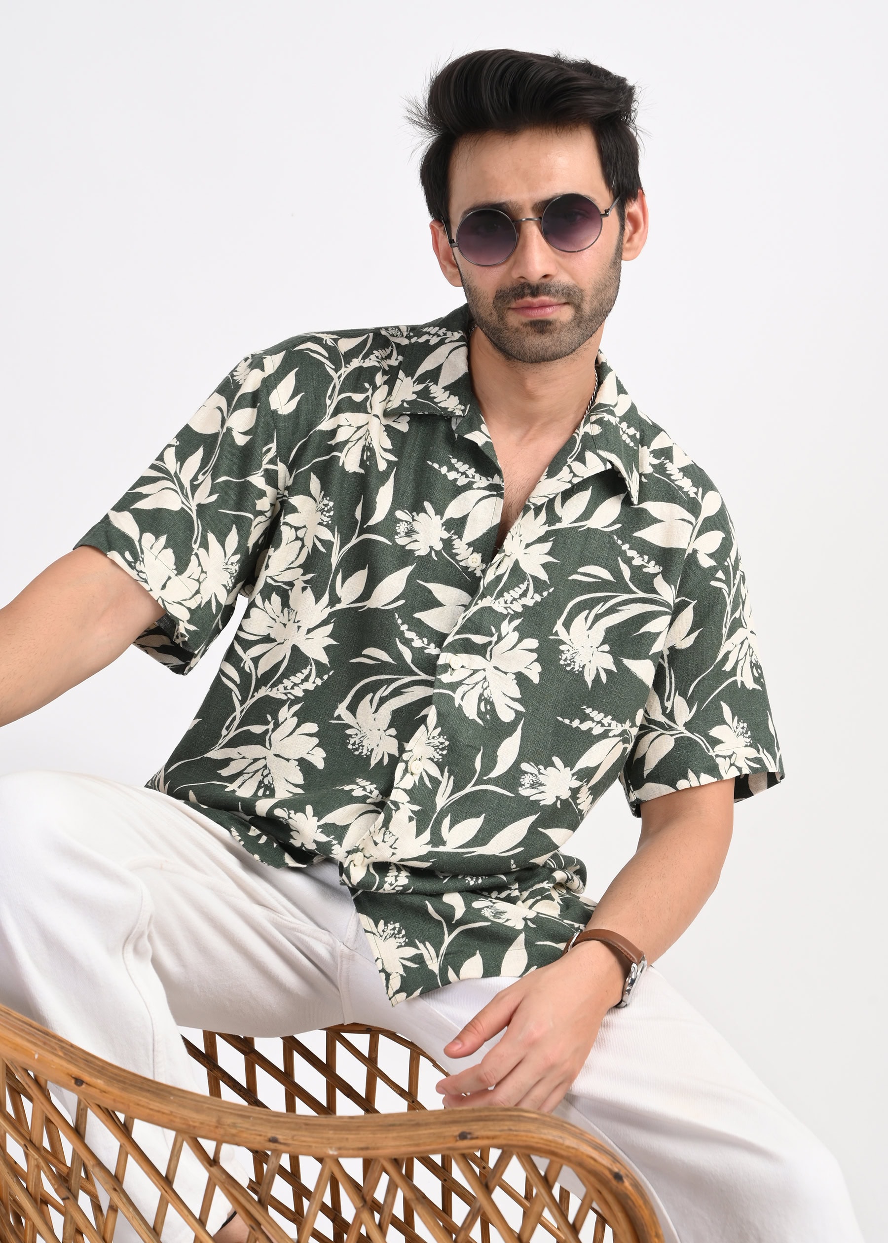 Olive Floral Print Short Sleeve Shirt