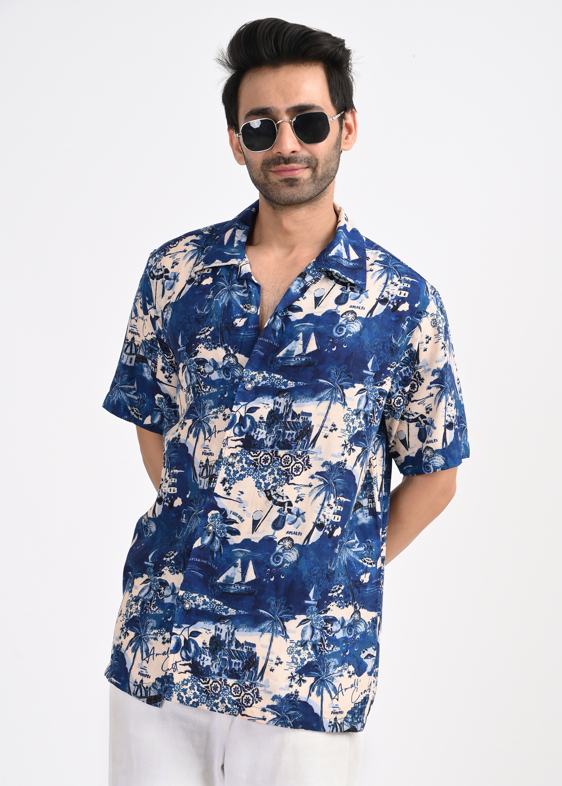 Blue Tropical Print Short Sleeve Shirt