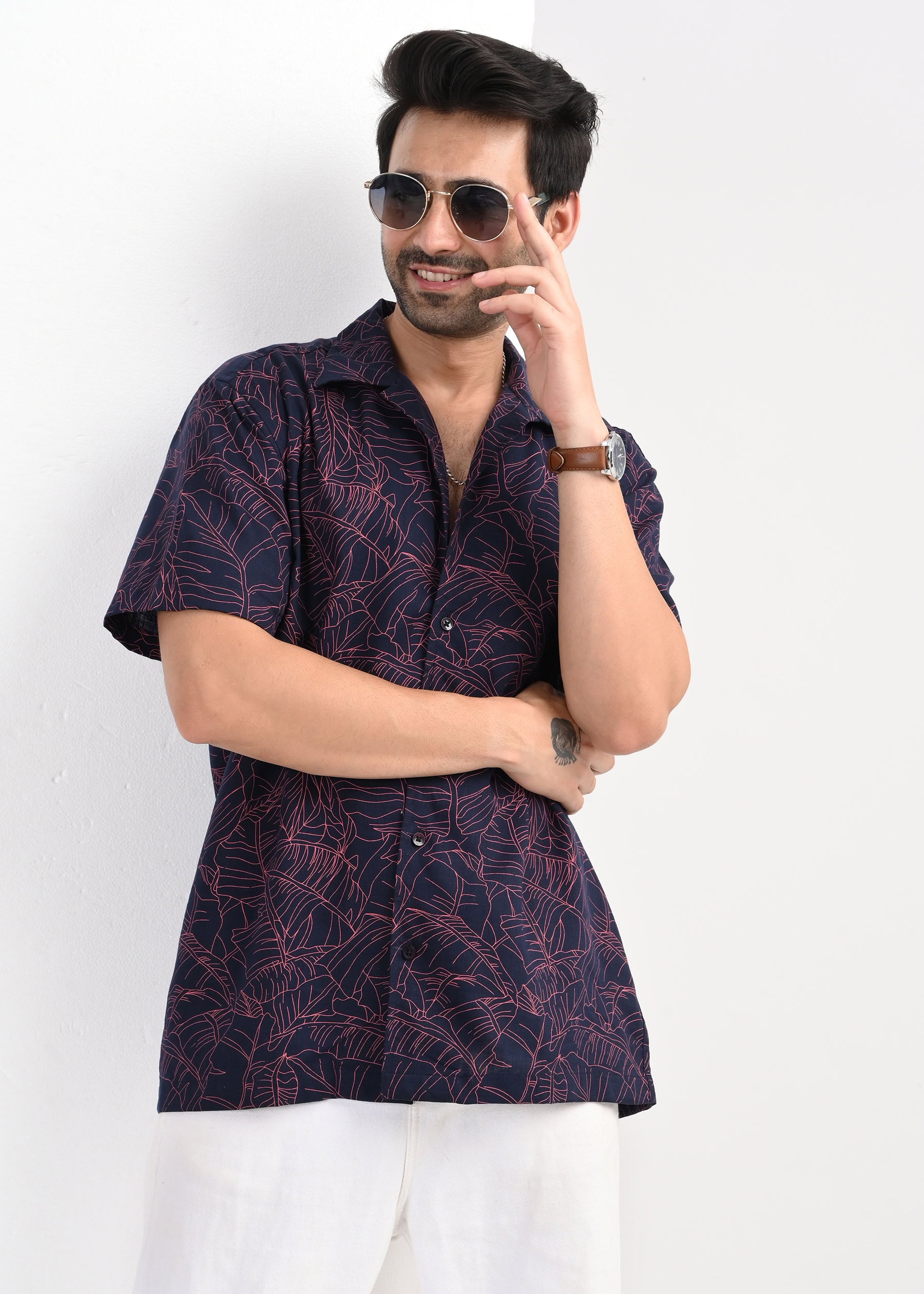 Men's Navy Print Short Sleeve Shirt