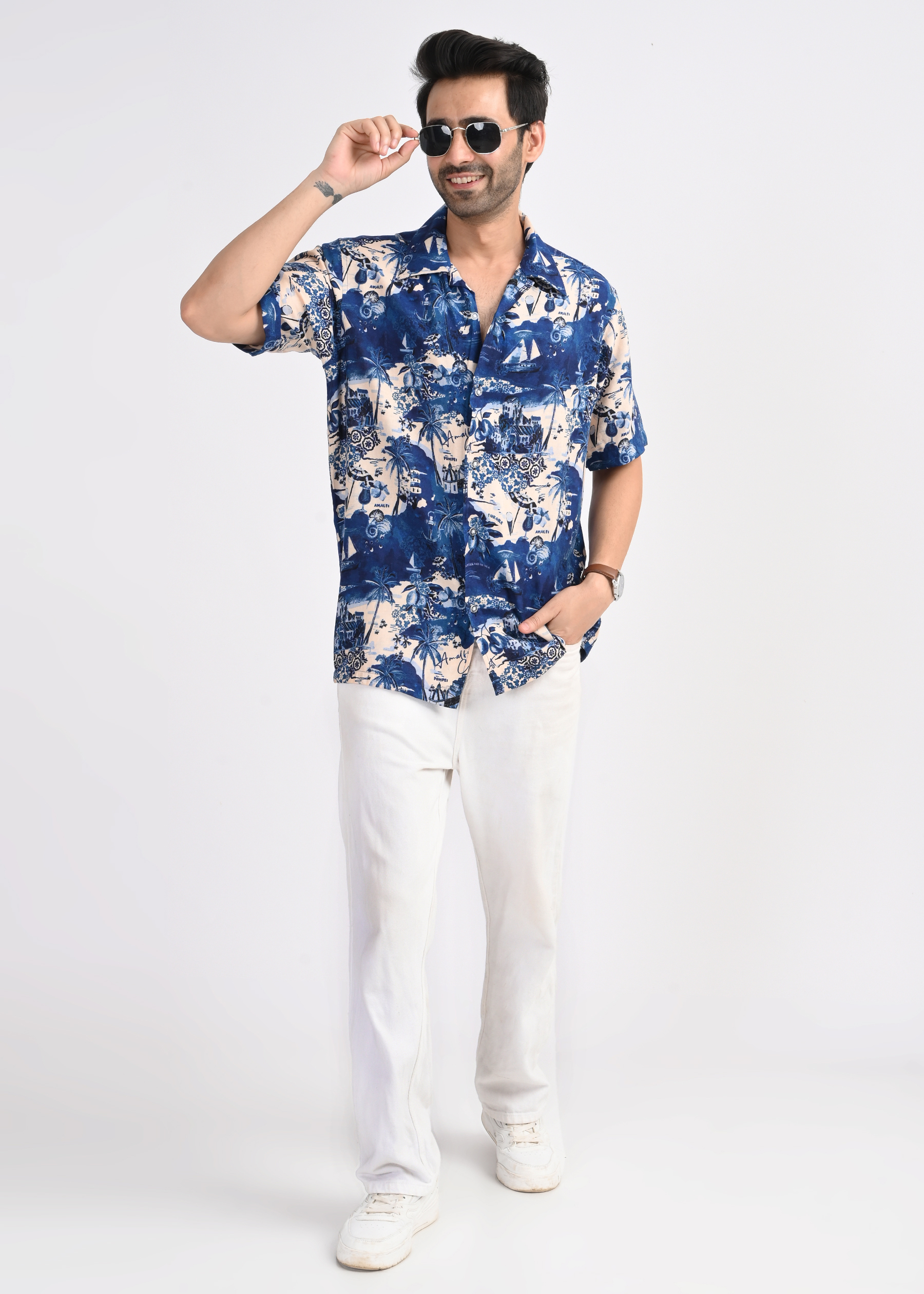 Blue Tropical Print Short Sleeve Shirt
