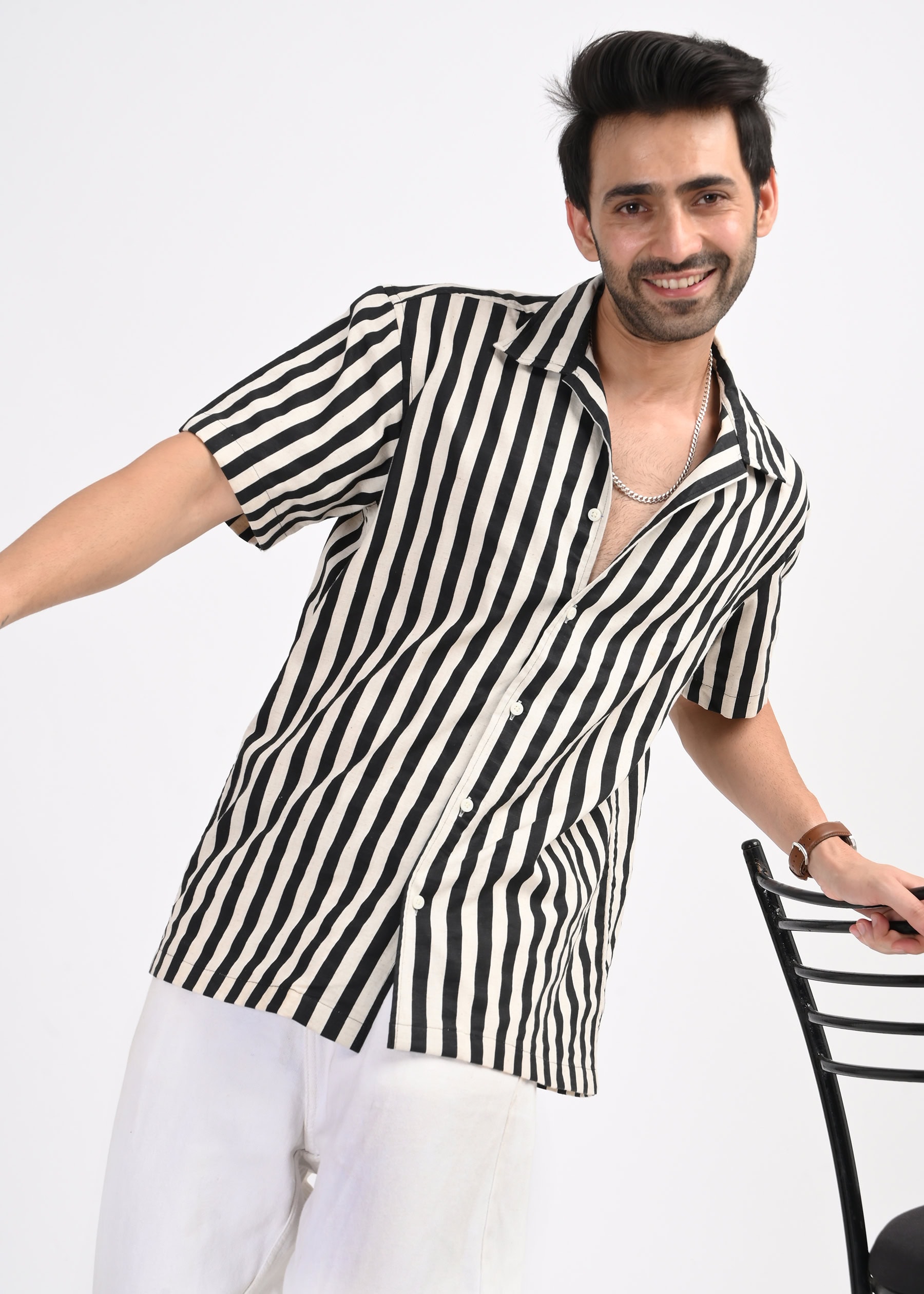 Black and White Striped Short Sleeve Shirt