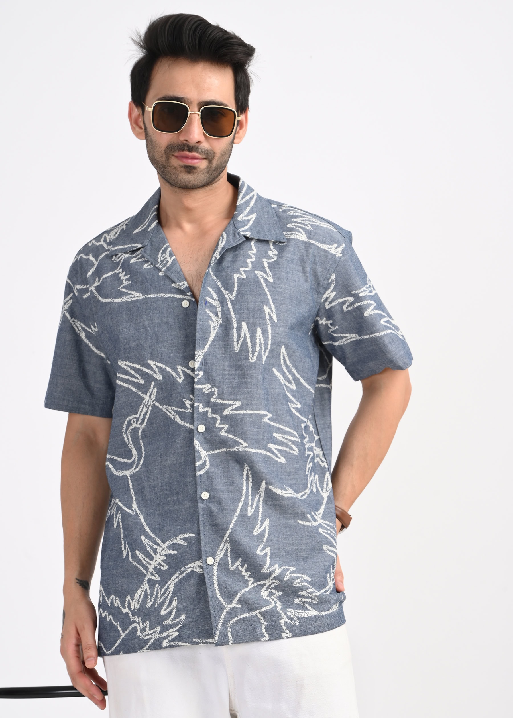 Men's Denim Printed Short Sleeve Shirt