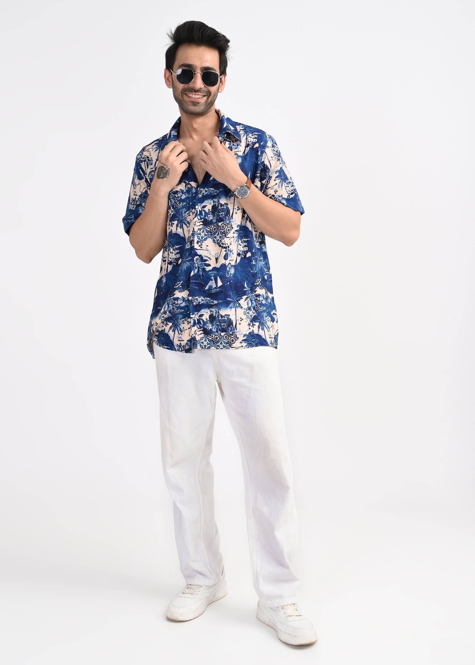 Blue Tropical Print Short Sleeve Shirt