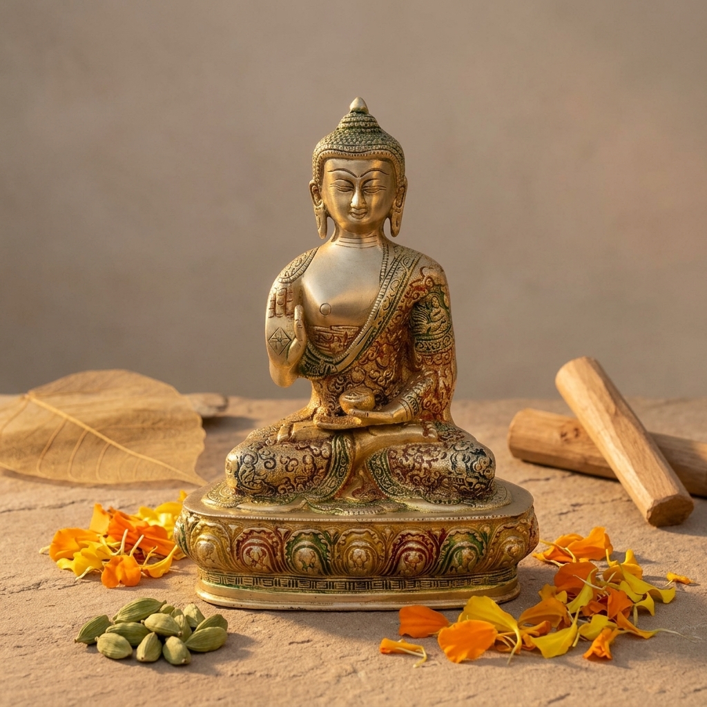 Brass Buddha Statue in Vitarka Mudra — Hand-Painted Finish, Lotus Pedestal
