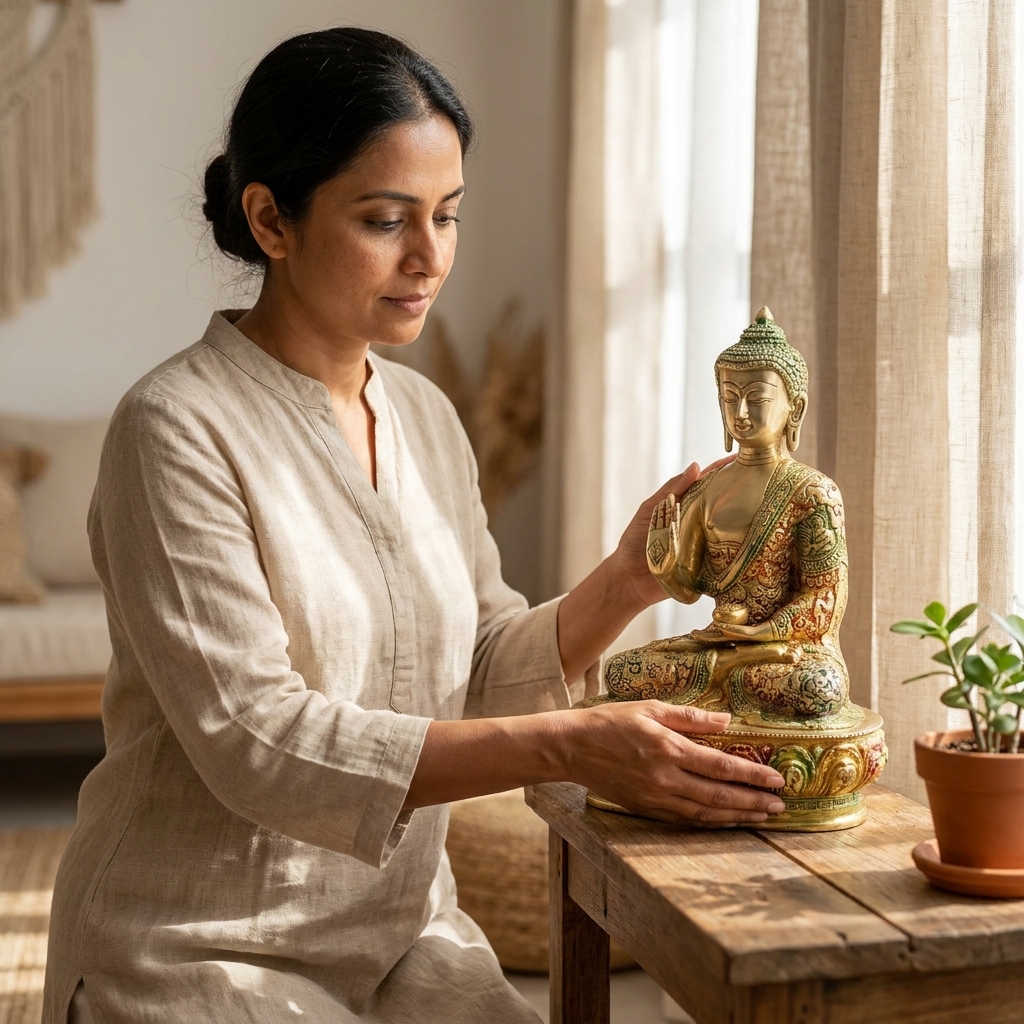 Brass Buddha Statue in Vitarka Mudra — Hand-Painted Finish, Lotus Pedestal