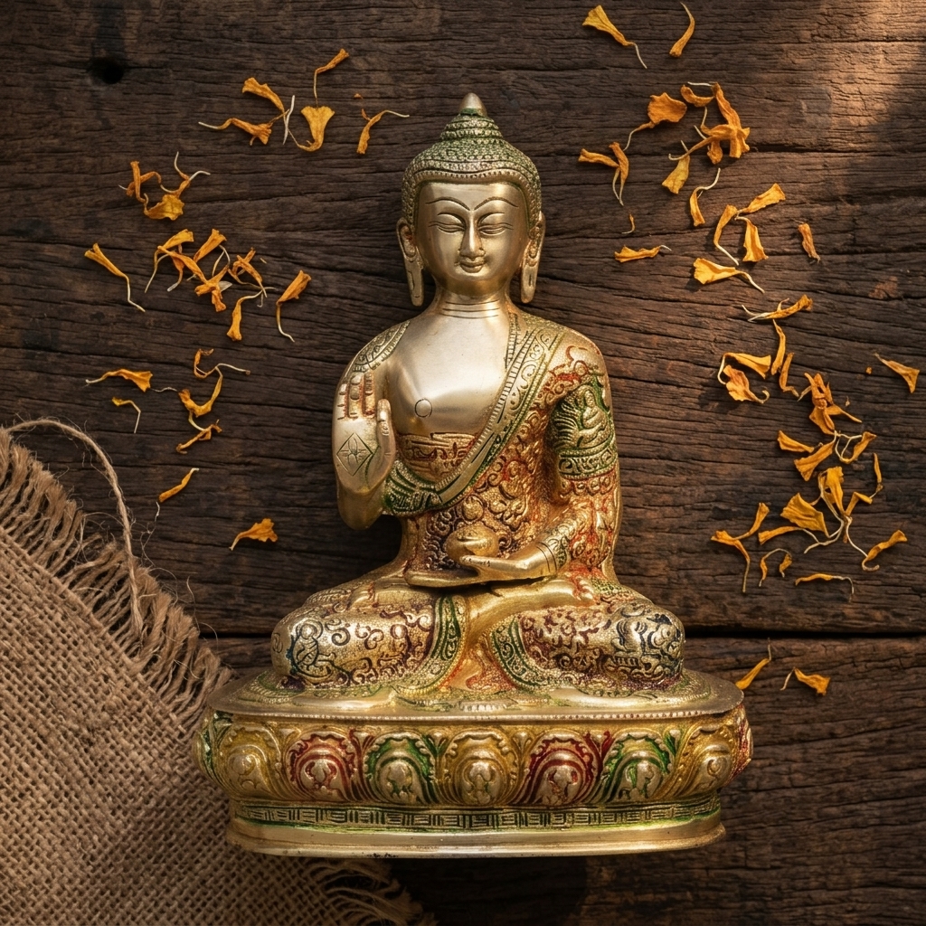 Brass Buddha Statue in Vitarka Mudra — Hand-Painted Finish, Lotus Pedestal