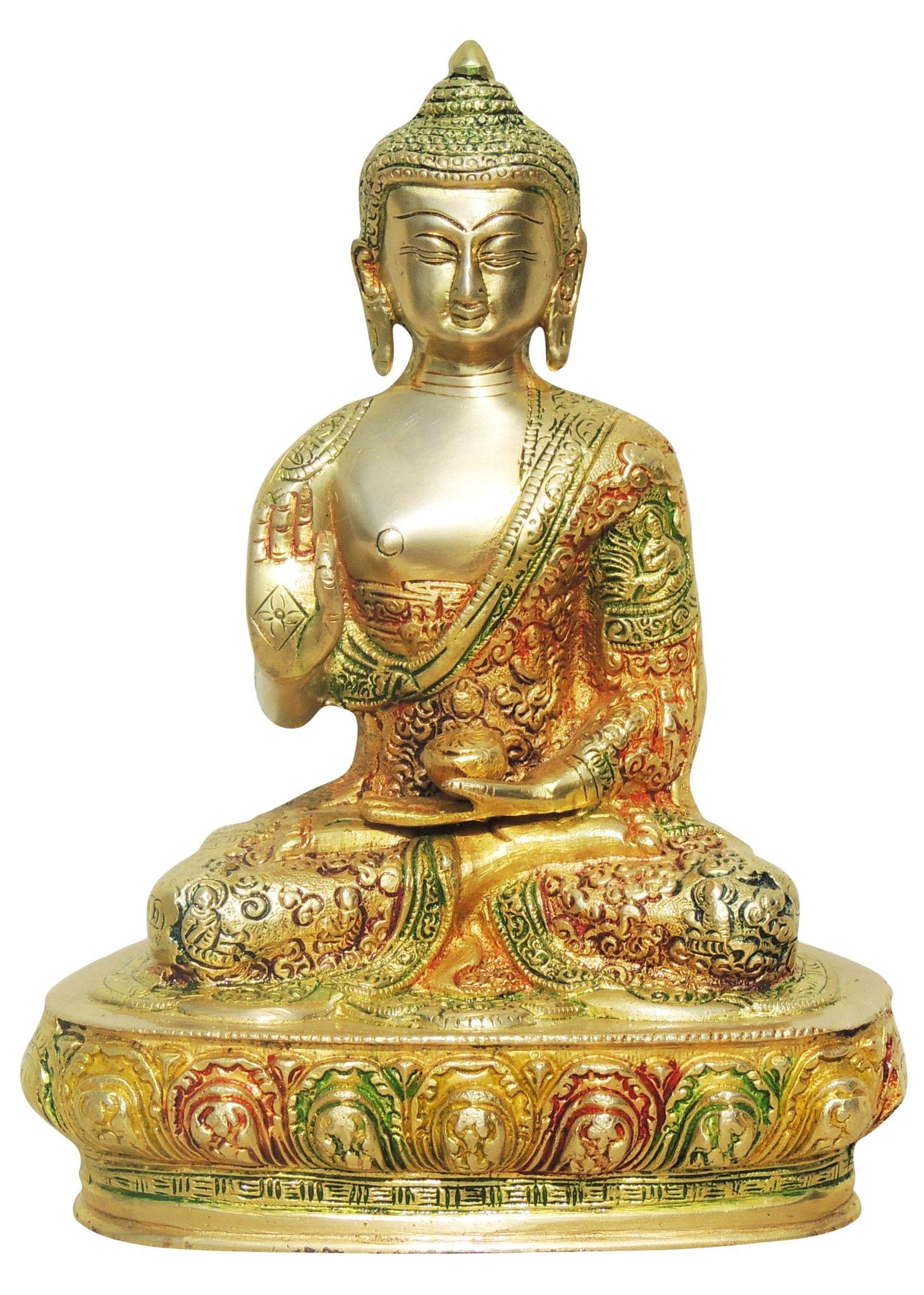 Brass Buddha Statue in Vitarka Mudra — Hand-Painted Finish, Lotus Pedestal