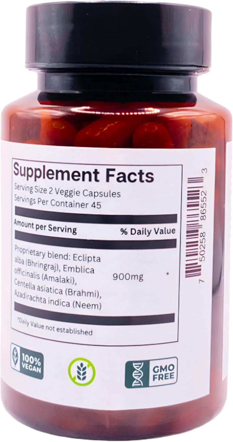 Nutri-Hair MD Formulated, Supports Healthy Hair Care, Natural Ayurvedic Herbal Blend - Bhringraj, Amlaki (Amla), Brahmi, Neem, 900mg per Serving, Vegan, Gluten-Free, 90 Vegetarian Capsules