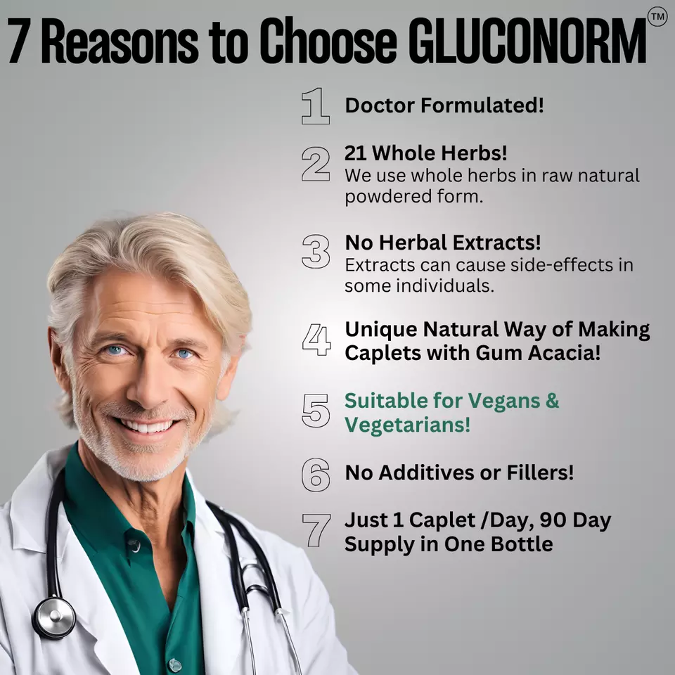 GlucoNorm – MD Formulated Research-Backed Natural Blood Sugar Support Formula, Blood Sugar Control, Reduces Sugar Cravings, Made Uniquely with Natures Glue (Gum Acacia), Vegan, Gluten-free, 90 Caplets