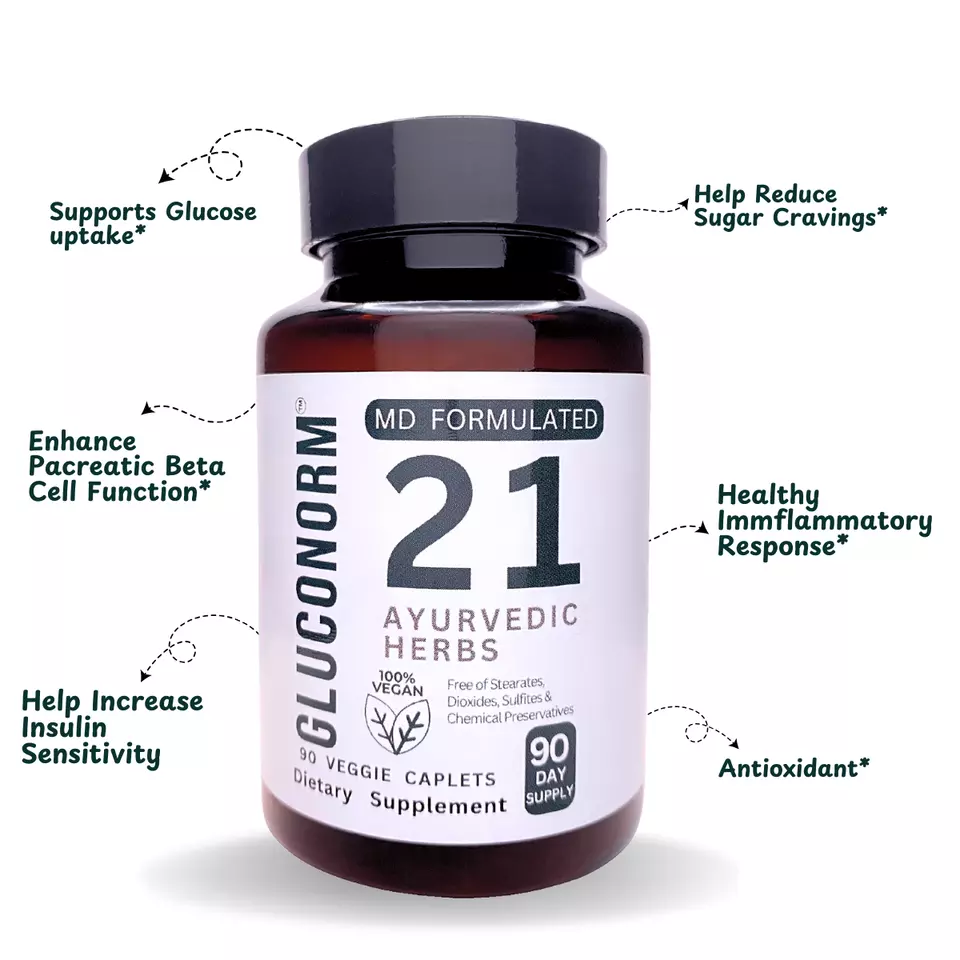 GlucoNorm – MD Formulated Research-Backed Natural Blood Sugar Support Formula, Blood Sugar Control, Reduces Sugar Cravings, Made Uniquely with Natures Glue (Gum Acacia), Vegan, Gluten-free, 90 Caplets