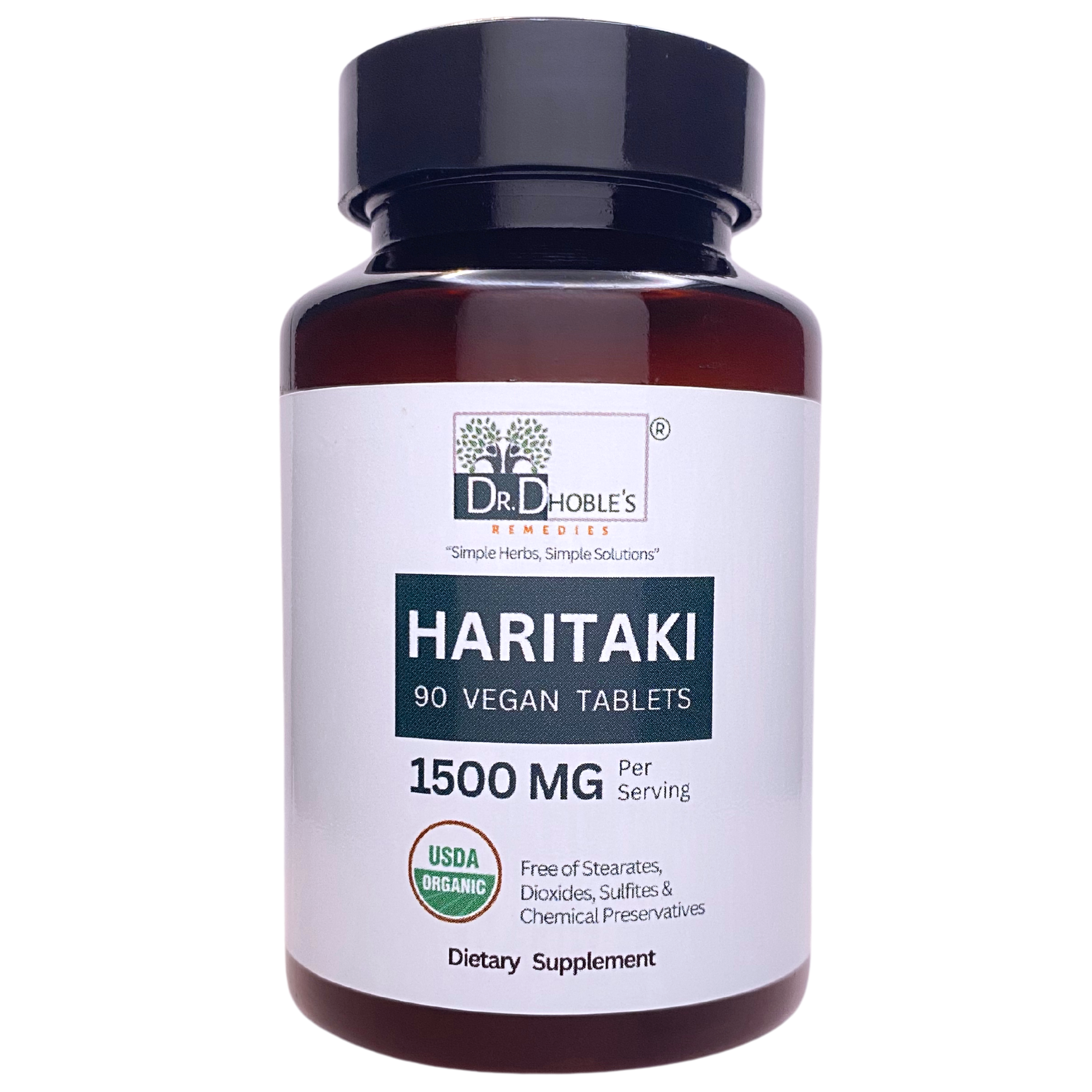Dr. Dhoble's Remedies USDA Organic Haritaki Tablets Made Uniquely with Nature's Glue - Whole Dry Haritaki Fruit Powder + No Extract, Sourced from The Himalaya in India, 1500mg/serving, 90 Vegan Pills