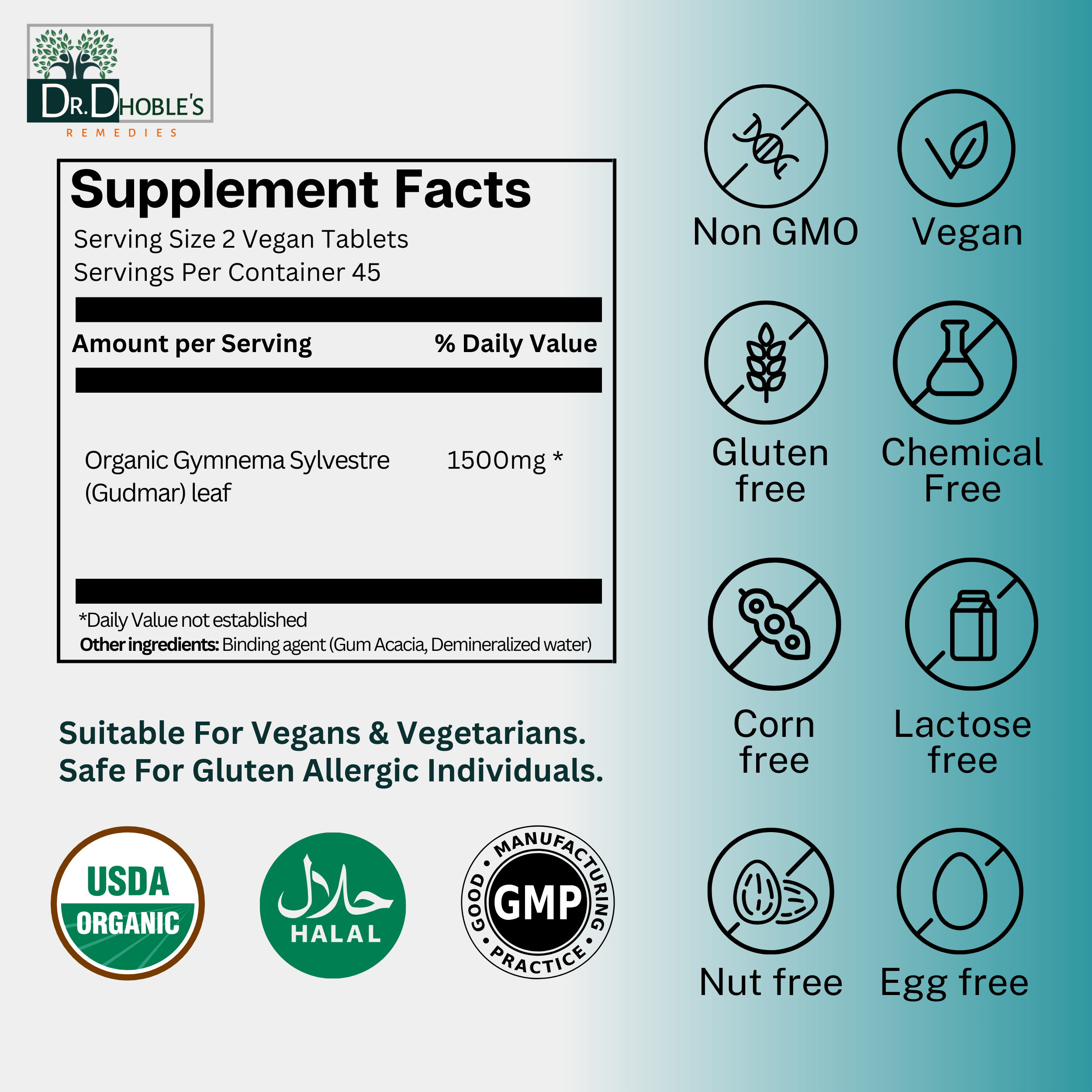 Gymnema Sylvestre (Gudmar), 1500 Mg, No Extracts, Vegan Tablets Uniquely Made with Gum Acacia (Natural Glue), Natural Powdered Gymnema Both Leaves & Stems, USDA Organic, 90 Tabs