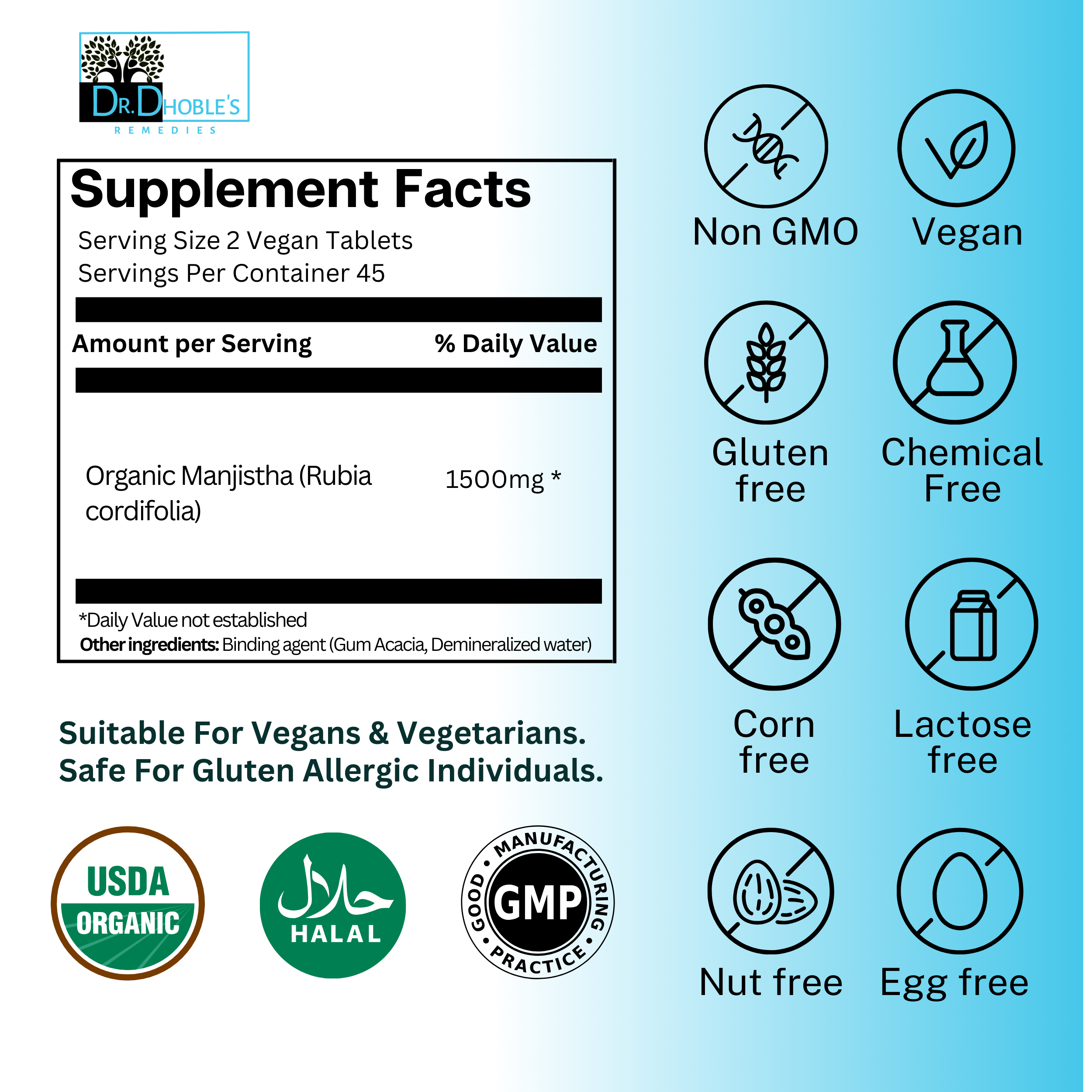 Manjistha, Madder Root, Supreme Herbal Blood Cleaner/Purifier, Cleanse & Detox Liver, Clear Skin Supplement, USDA Organic, Sourced from India,1500 Mg/Serving, 90 Vegan Tablets