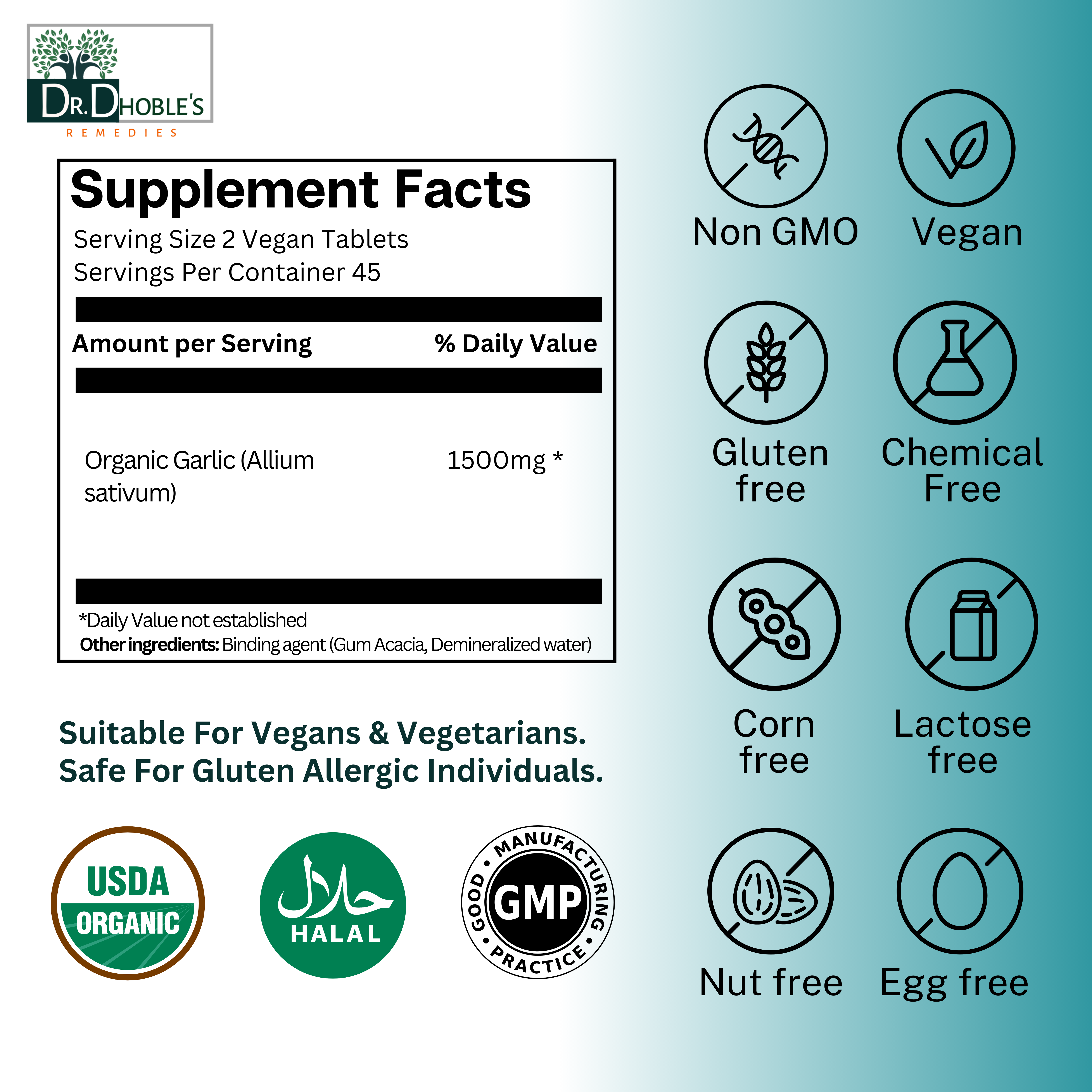 USDA Organic Garlic (AJO) Tablets Made Uniquely with Nature's Glue (Gum Acacia), No Extract,1500 Mg/Serving, Halal Certified, Non-GMO, Gluten-Free 90 Vegan Pills for Men & Women