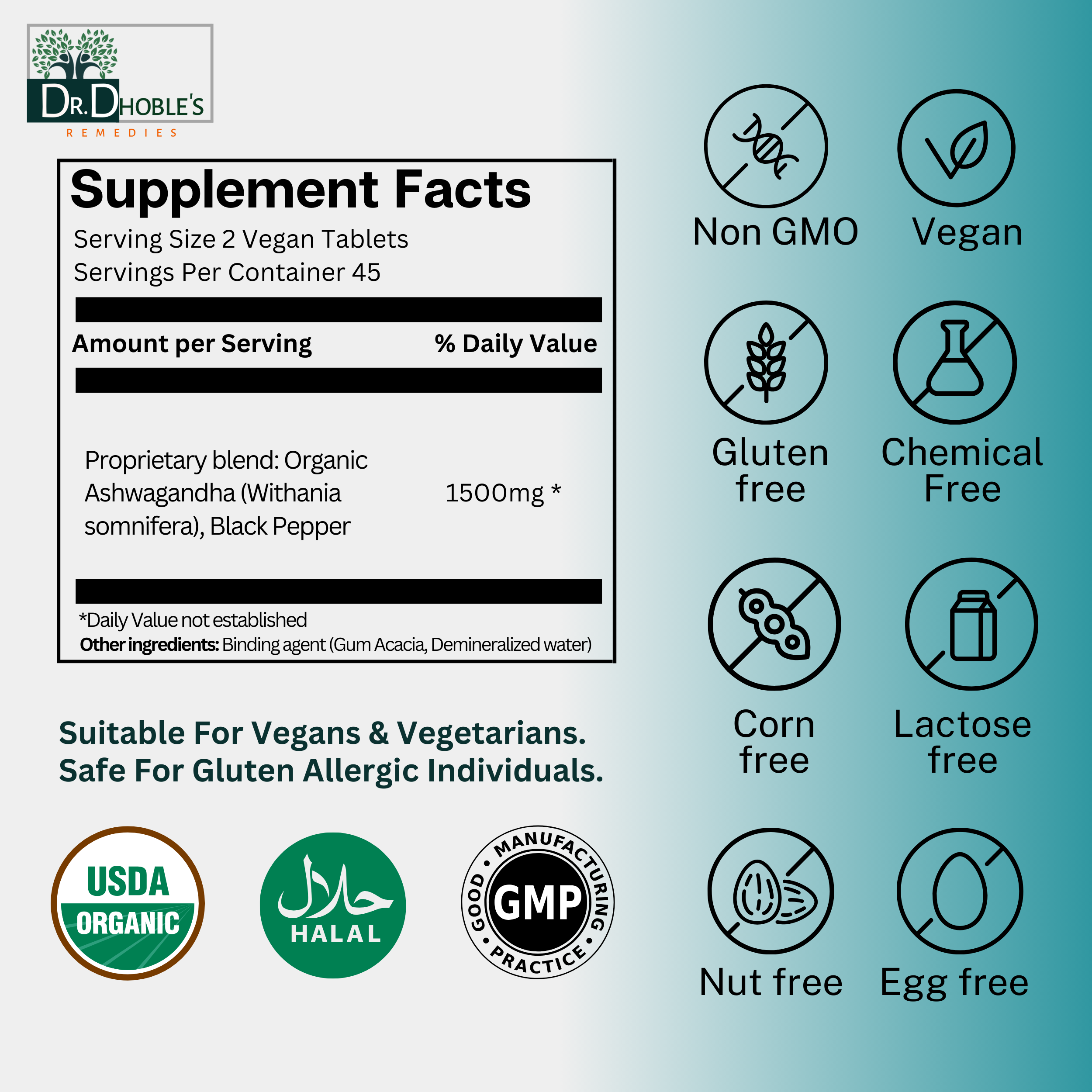 Ashwa X2, Dr. Formulated Ashwagandha Uniquely Made Vegan Tablets with Nature's Glue (Gum Acacia) & Black Pepper to Increase Bioavailability, 1500mg, No Extract, USDA Organic