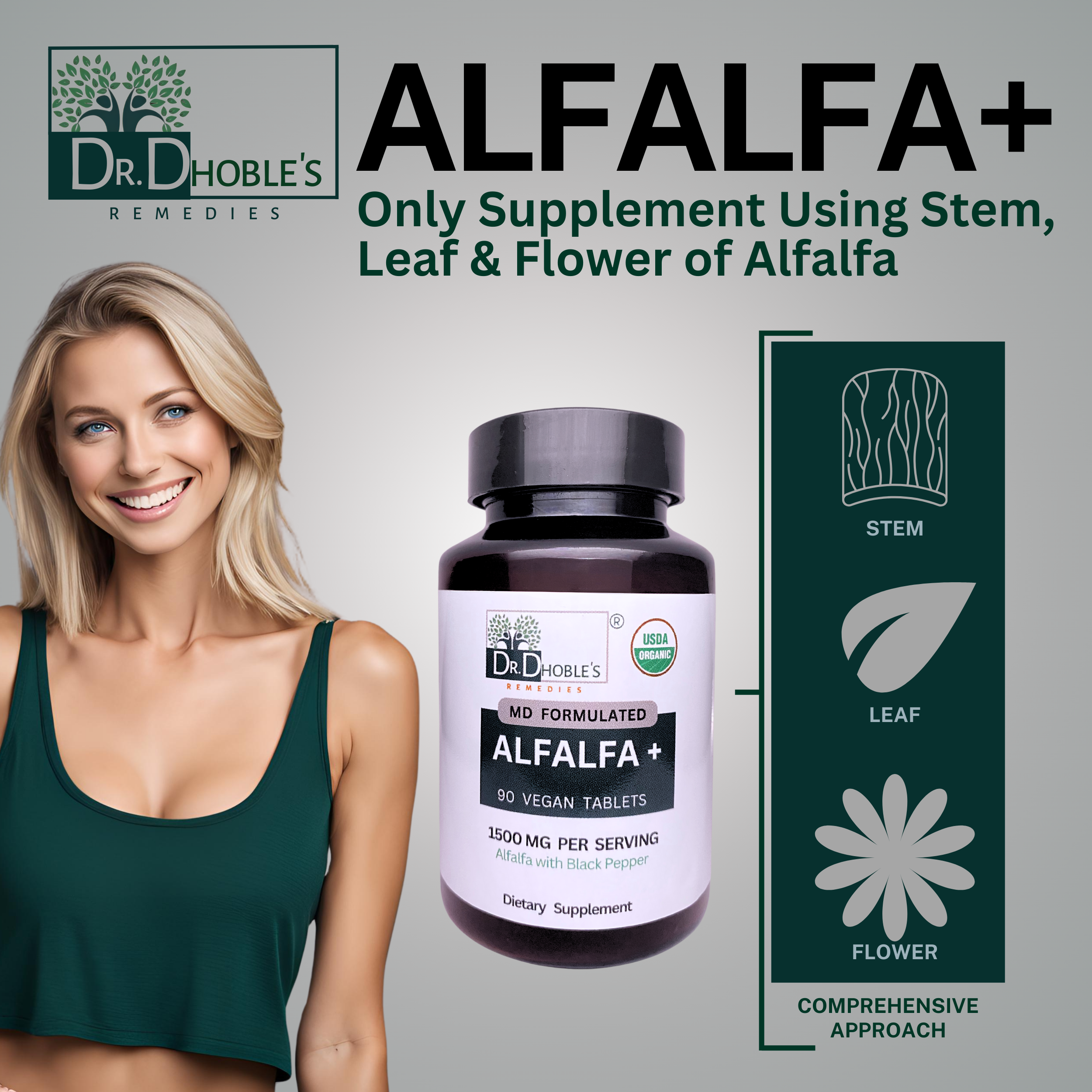 Alfalfa+, MD Formulated Advanced Alfalfa Delivery Formula, Enhanced Bioavailability with Black Pepper, Superfood, Natural Chlorophyll Supplement, USDA Organic, 90 Vegan Tablets