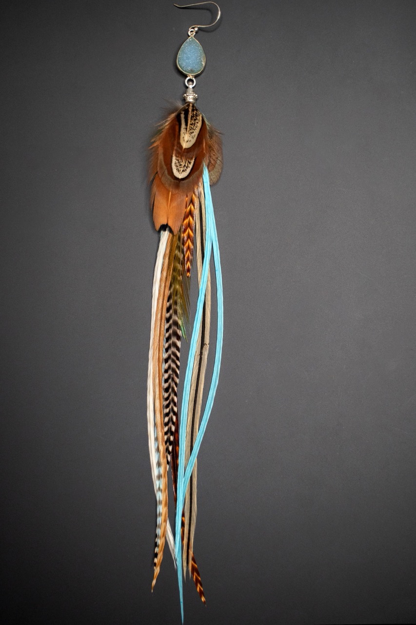 Boucle d'Oreille en Plumes Naturelles et Pierre semi-précieuse