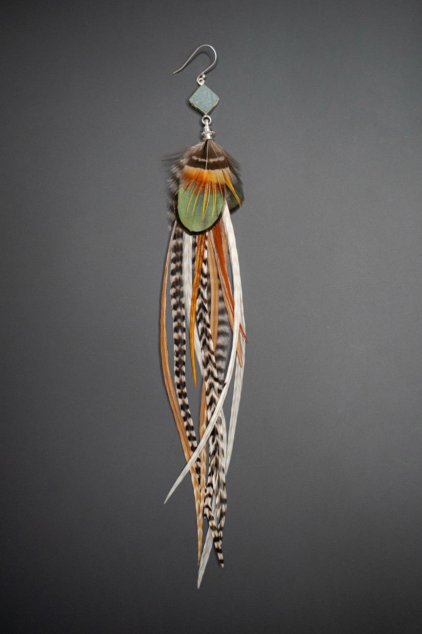 Boucle d'Oreille en Plumes Naturelles et Pierre semi-précieuse