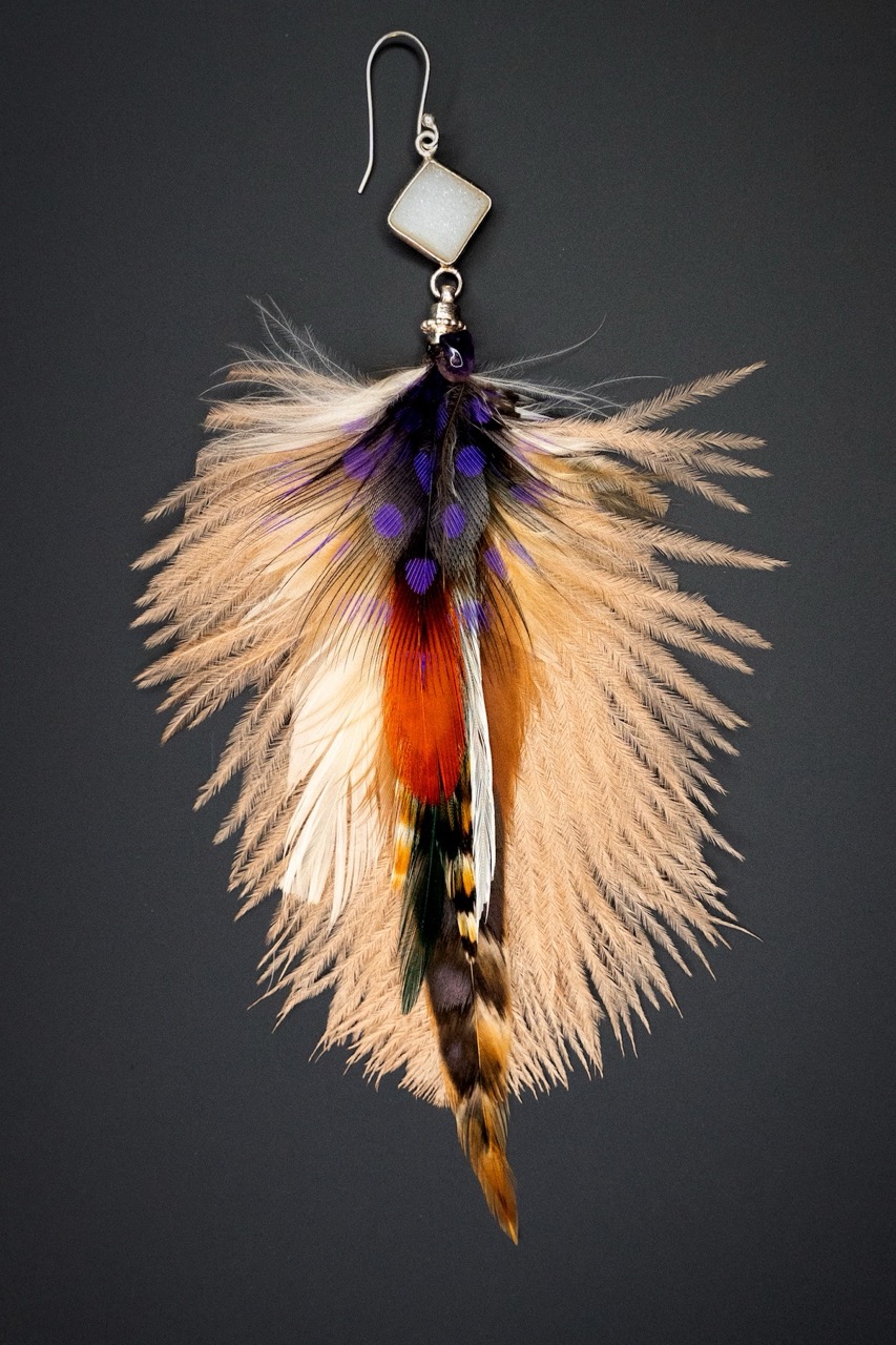 Mono Boucle d'oreille en Plumes Naturelles et Pierre semi-précieuse