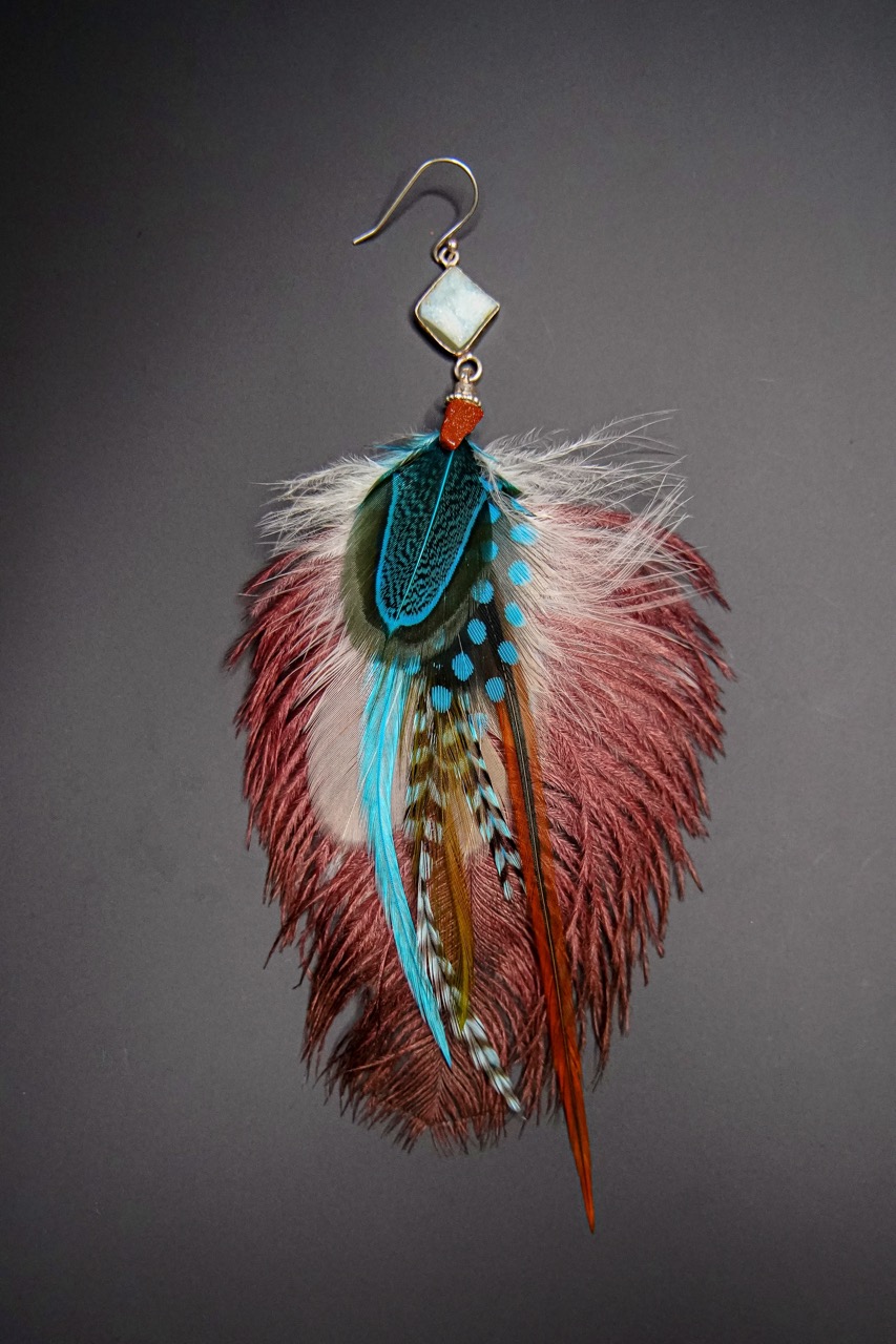 Boucle d'Oreille en Plumes Naturelles et Pierre semi-précieuse