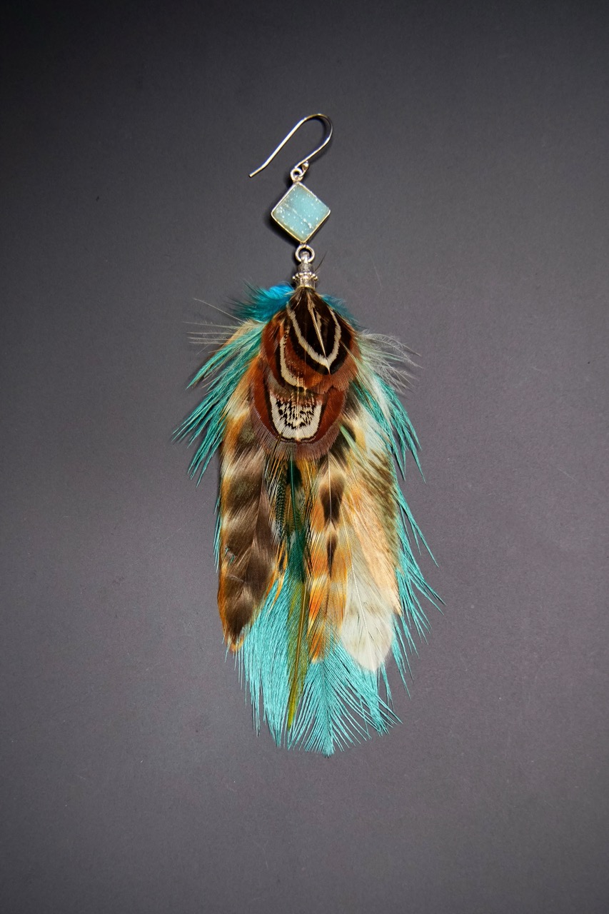 Boucle d'Oreille en Plumes Naturelles et Pierre semi-précieuse