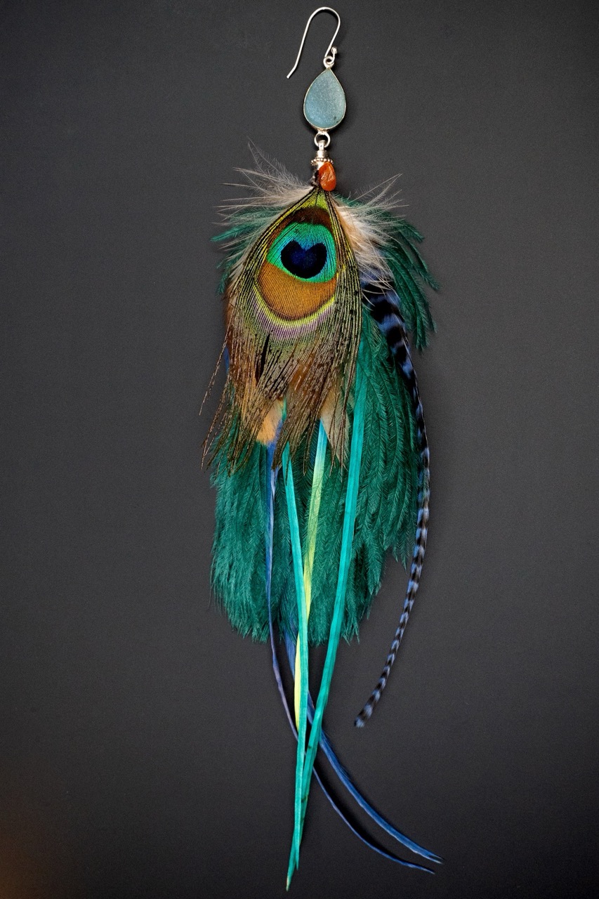 Boucle d'Oreille en Plumes Naturelles et Pierre semi-précieuse