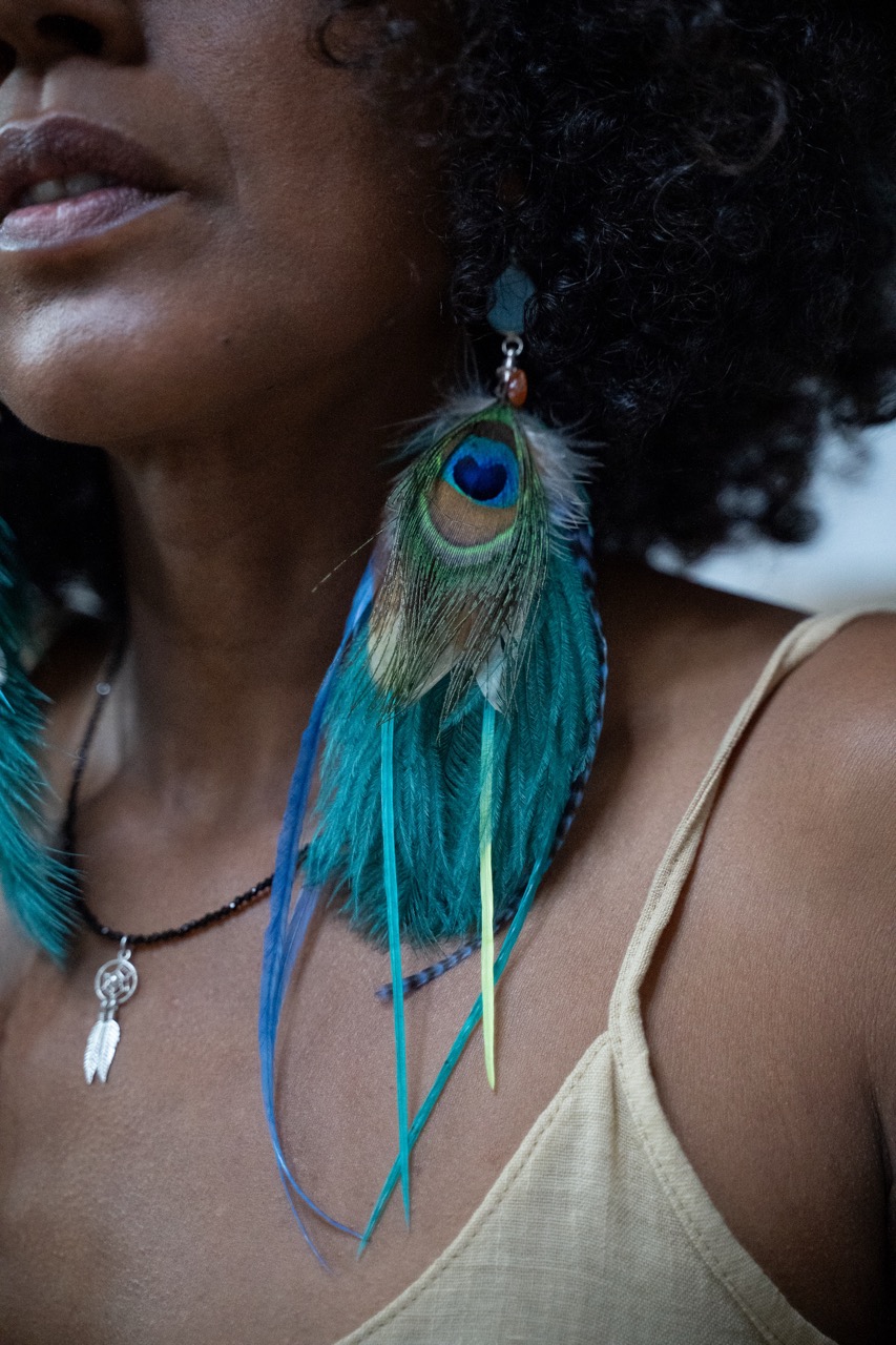 Boucle d'Oreille en Plumes Naturelles et Pierre semi-précieuse