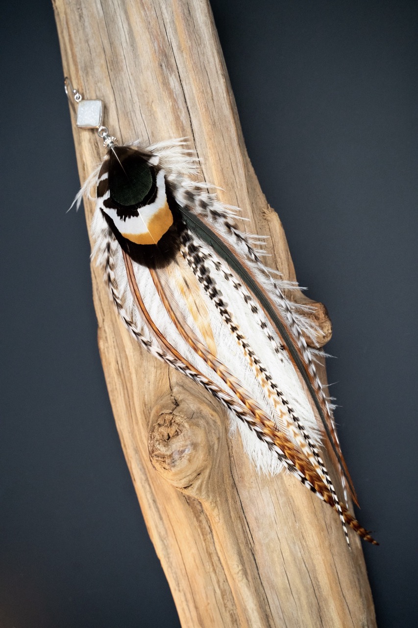 Boucle d'Oreille en Plumes Naturelles et Pierre semi-précieuse