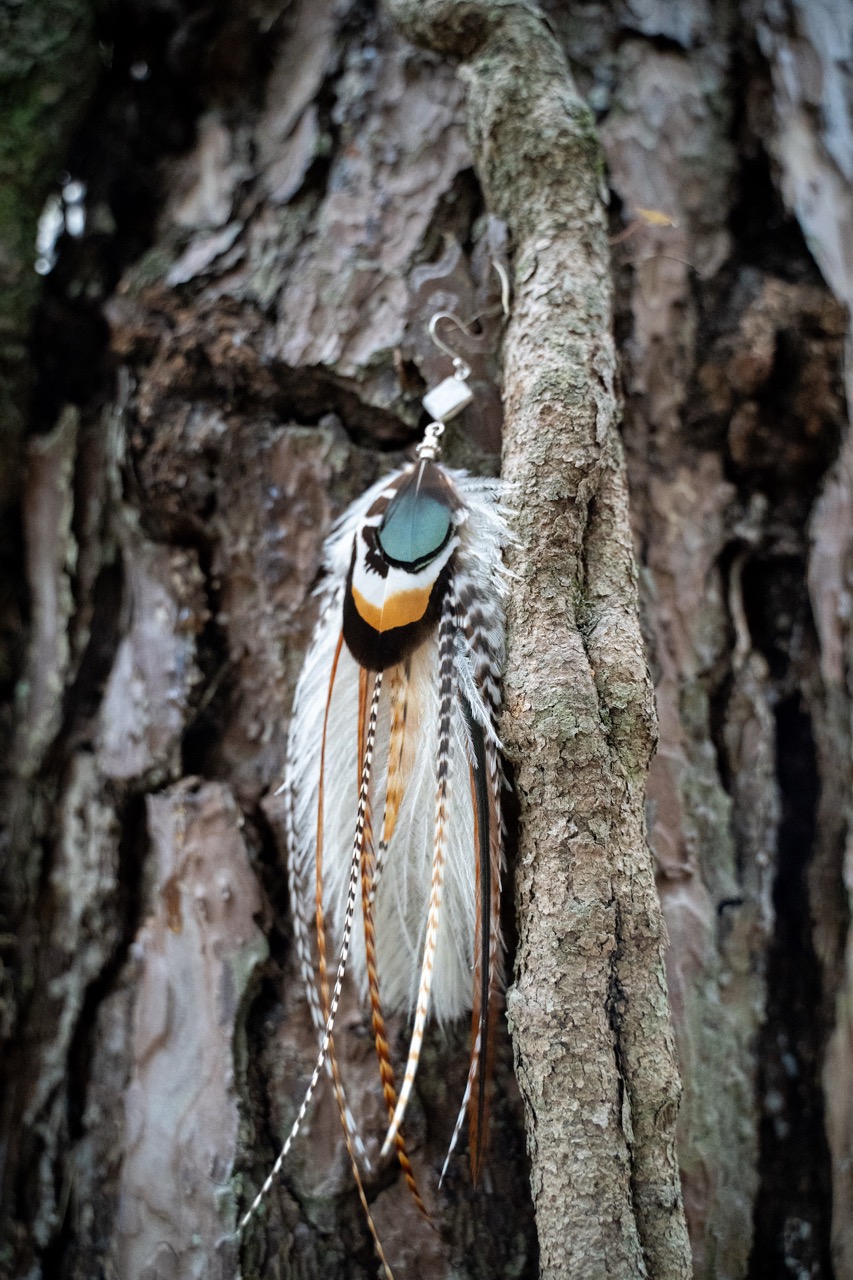 Boucle d'Oreille en Plumes Naturelles et Pierre semi-précieuse
