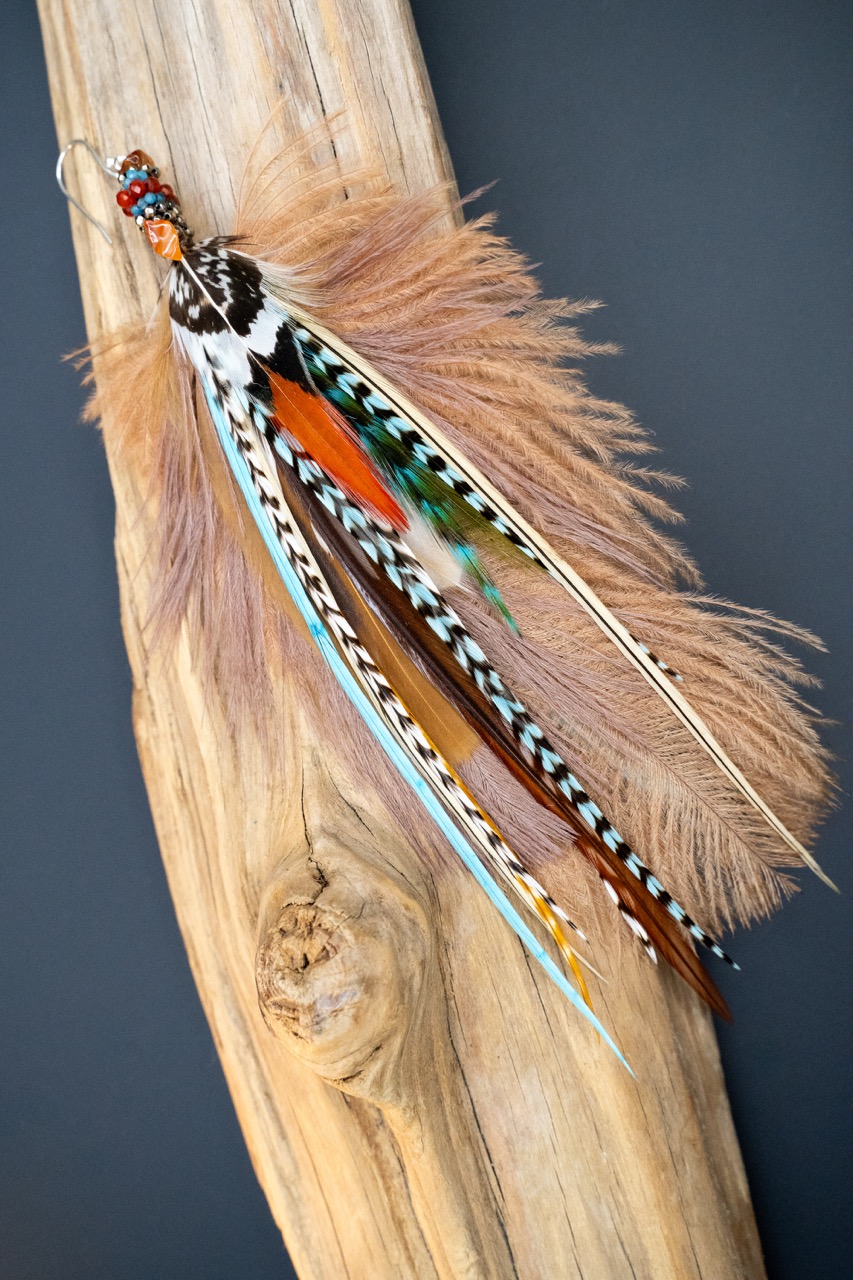 Boucle d'Oreille en Plumes Naturelles et Pierre semi-précieuse