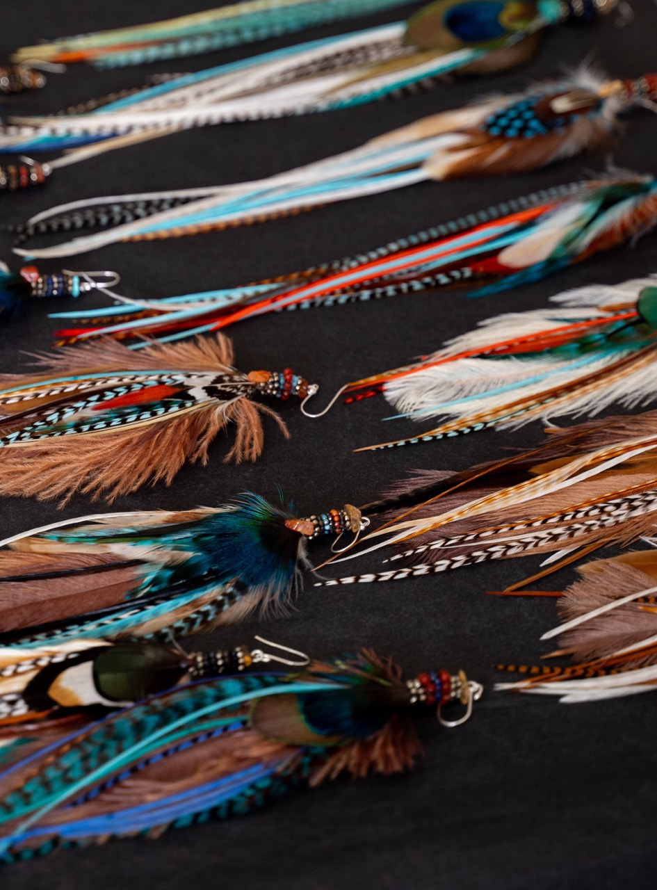 Boucle d'Oreille en Plumes Naturelles et Pierre semi-précieuse