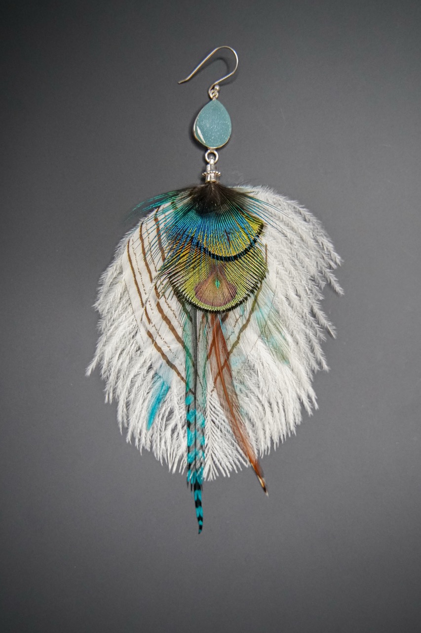 Boucle d'Oreille en Plumes Naturelles et Pierre semi-précieuse