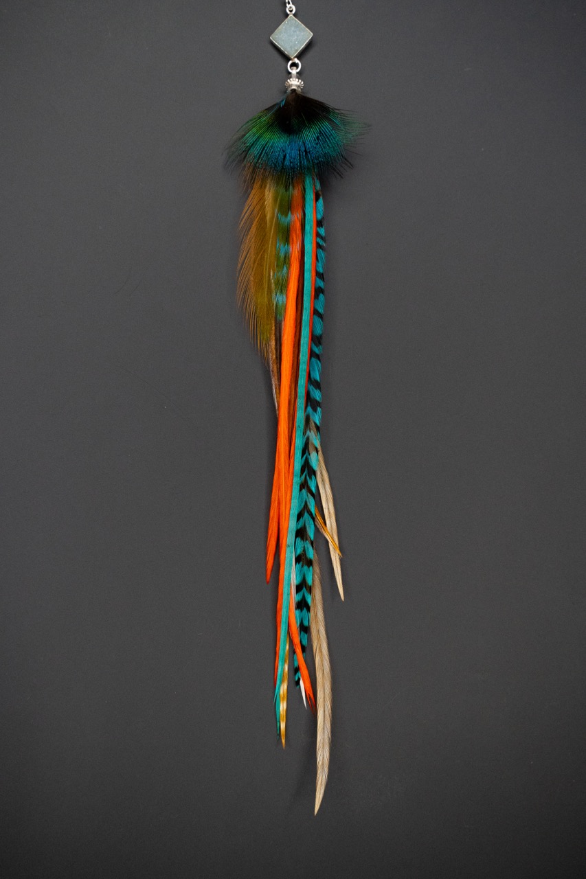 Boucle d'Oreille en Plumes Naturelles et Pierre semi-précieuse de Druzy Quartz