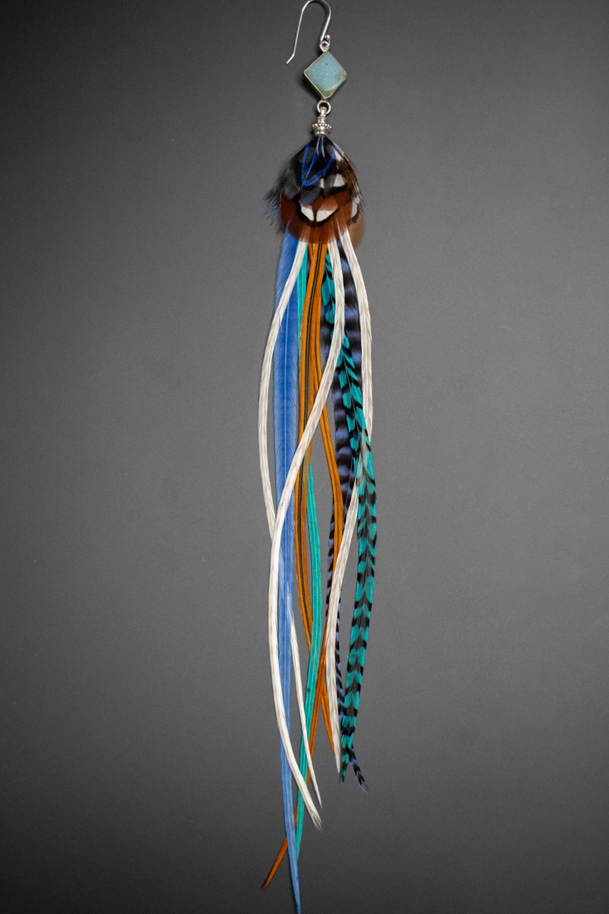 Boucle d'Oreille en Plumes Naturelles et Pierre semi-précieuse de Druzy Quartz