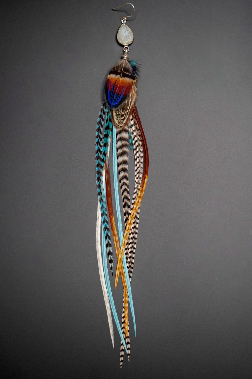 Boucle d'Oreille en Plumes Naturelles et Pierre semi-précieuse de Druzy Quartz