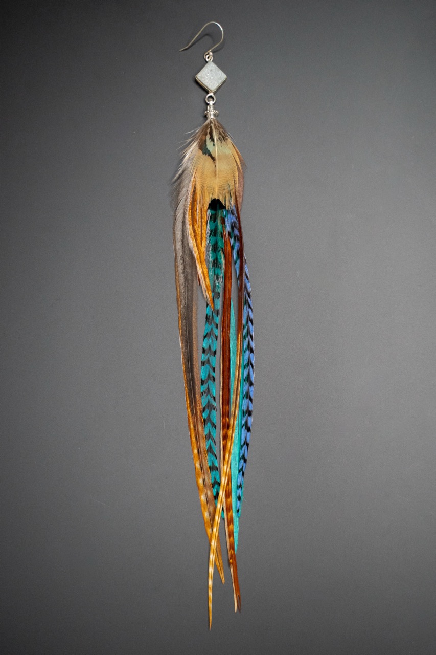 Boucle d'Oreille en Plumes Naturelles et Pierre semi-précieuse de Druzy Quartz