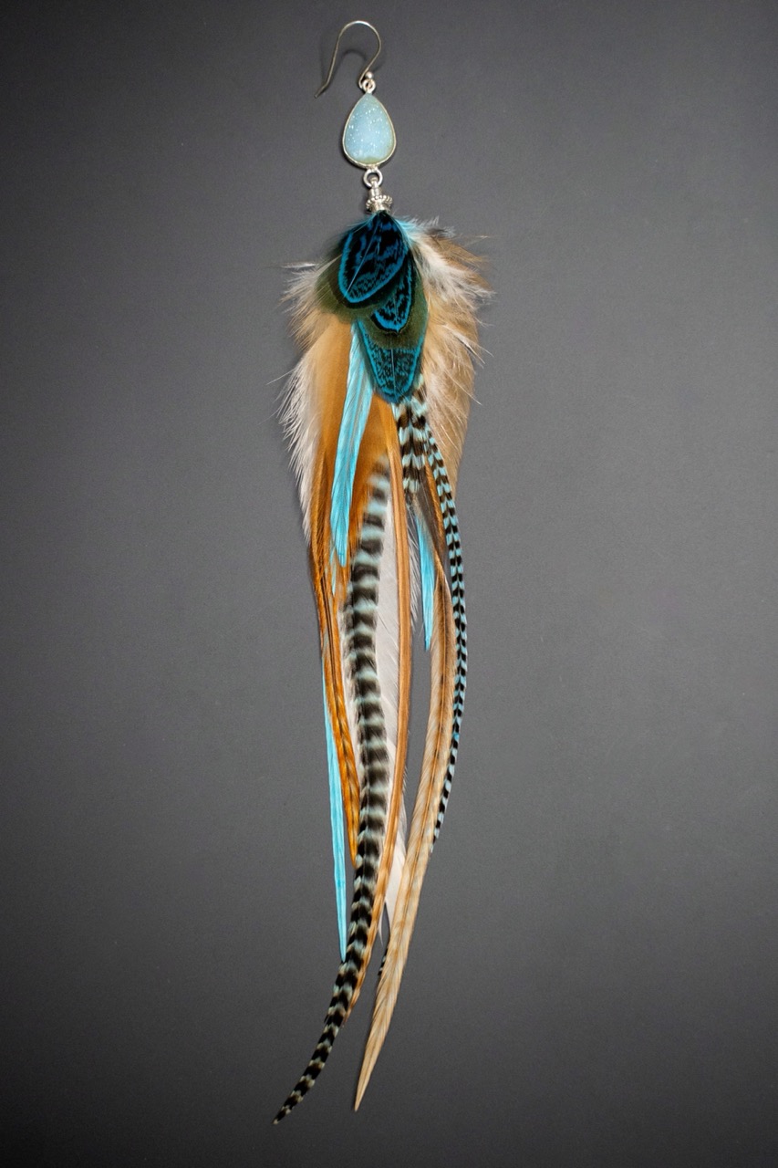Boucle d'Oreille en Plumes Naturelles et Pierre semi-précieuse de Druzy Quartz
