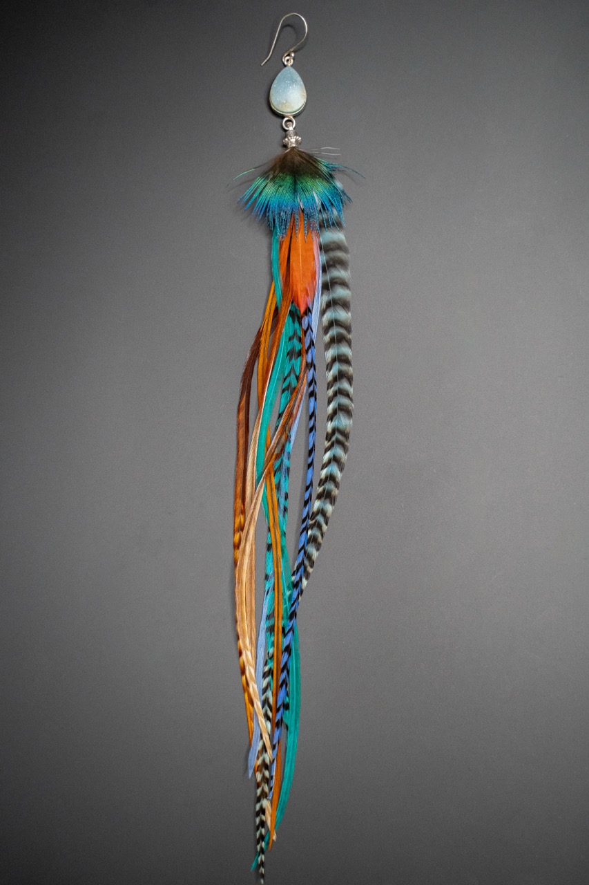 Boucle d'Oreille en Plumes Naturelles et Pierre semi-précieuse de Druzy Quartz