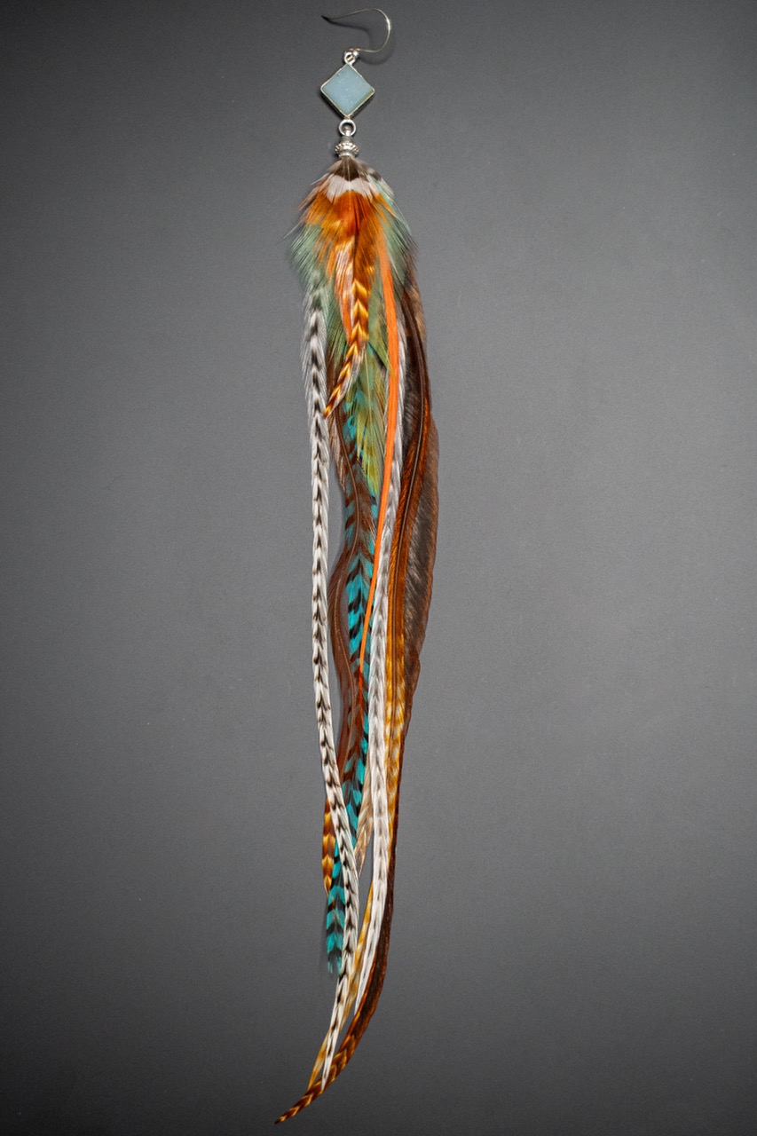 Boucle d'Oreille en Plumes Naturelles et Pierre semi-précieuse de Druzy Quartz