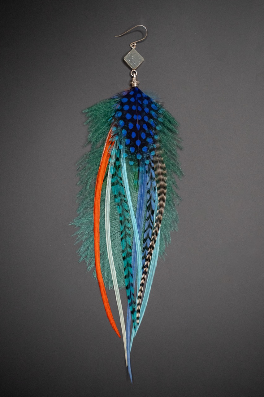 Boucle d'Oreille en Plumes Naturelles et Pierre semi-précieuse