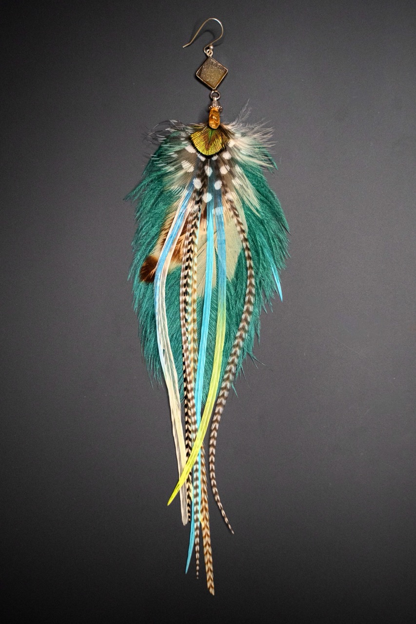 Boucle d'Oreille en Plumes Naturelles et Pierre semi-précieuse